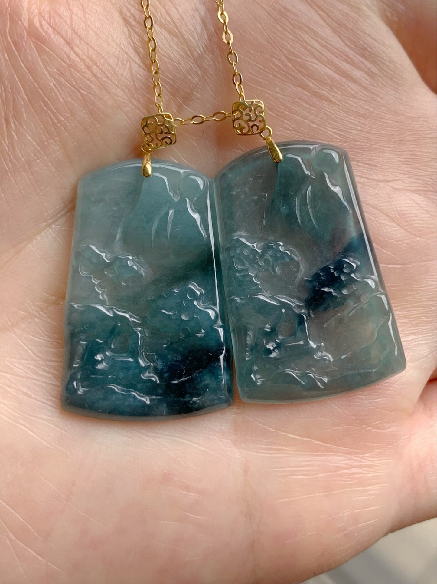 Natural Guatemalan Sky Blue Jadeite with Dark Blue Marbling Shan Shui Pai Landscape Tag Pendant 18K Yellow Gold 天然正高冰危蓝翡翠山水牌吊坠