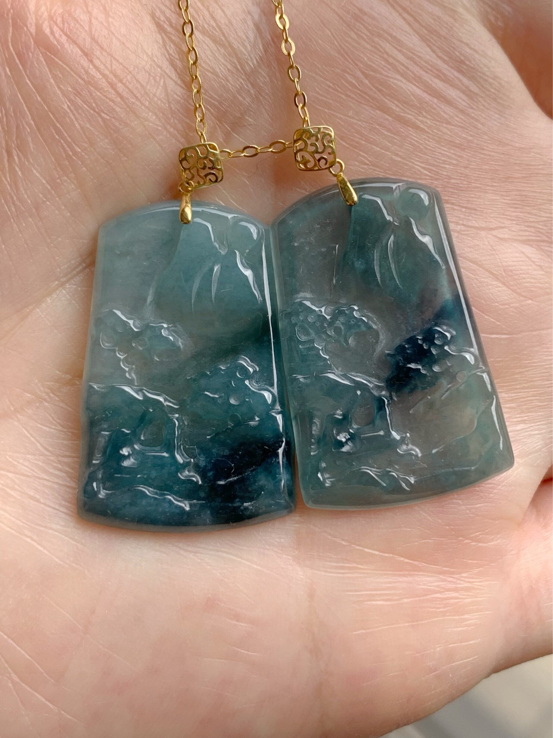 Natural Guatemalan Sky Blue Jadeite with Dark Blue Marbling Shan Shui Pai Landscape Tag Pendant 18K Yellow Gold 天然正高冰危蓝翡翠山水牌吊坠