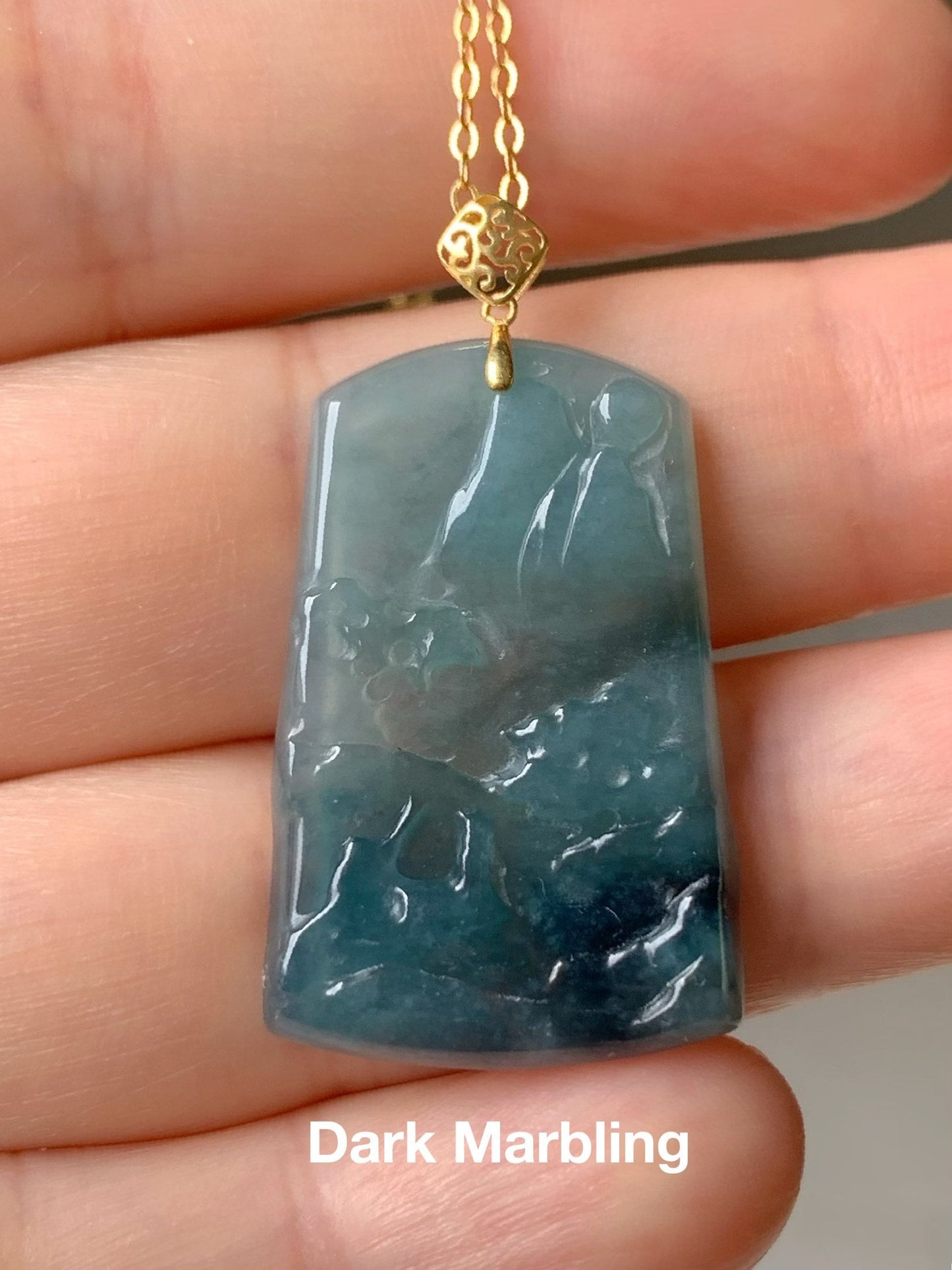 Natural Guatemalan Sky Blue Jadeite with Dark Blue Marbling Shan Shui Pai Landscape Tag Pendant 18K Yellow Gold 天然正高冰危蓝翡翠山水牌吊坠