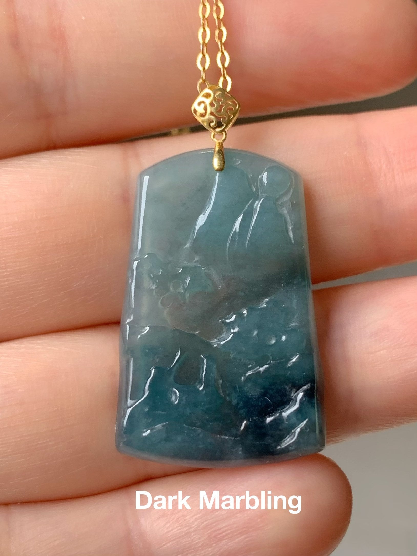 Natural Guatemalan Sky Blue Jadeite with Dark Blue Marbling Shan Shui Pai Landscape Tag Pendant 18K Yellow Gold 天然正高冰危蓝翡翠山水牌吊坠
