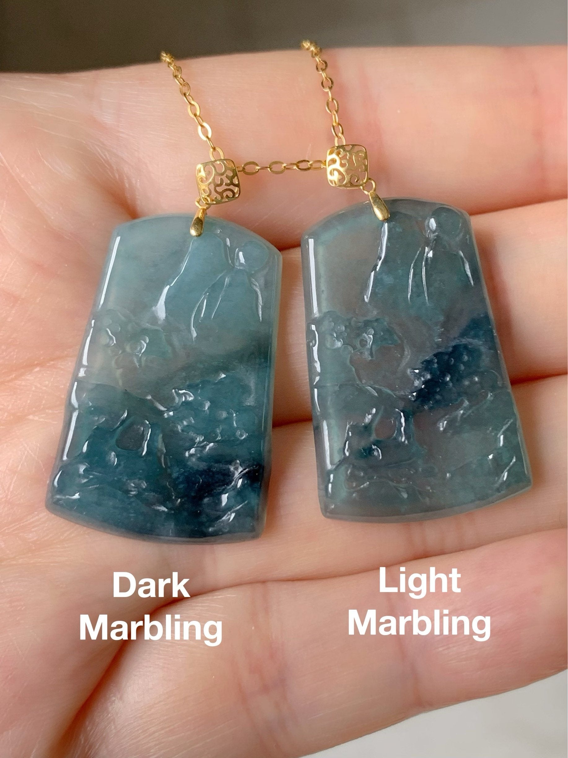 Natural Guatemalan Sky Blue Jadeite with Dark Blue Marbling Shan Shui Pai Landscape Tag Pendant 18K Yellow Gold 天然正高冰危蓝翡翠山水牌吊坠