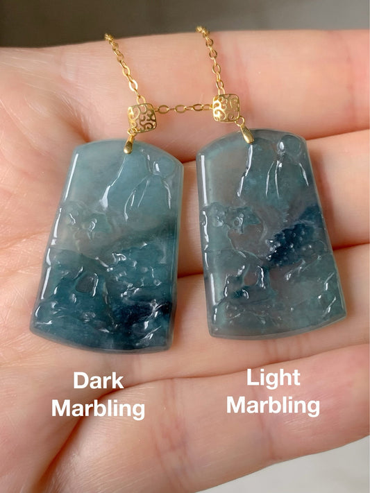Natural Guatemalan Sky Blue Jadeite with Dark Blue Marbling Shan Shui Pai Landscape Tag Pendant 18K Yellow Gold 天然正高冰危蓝翡翠山水牌吊坠