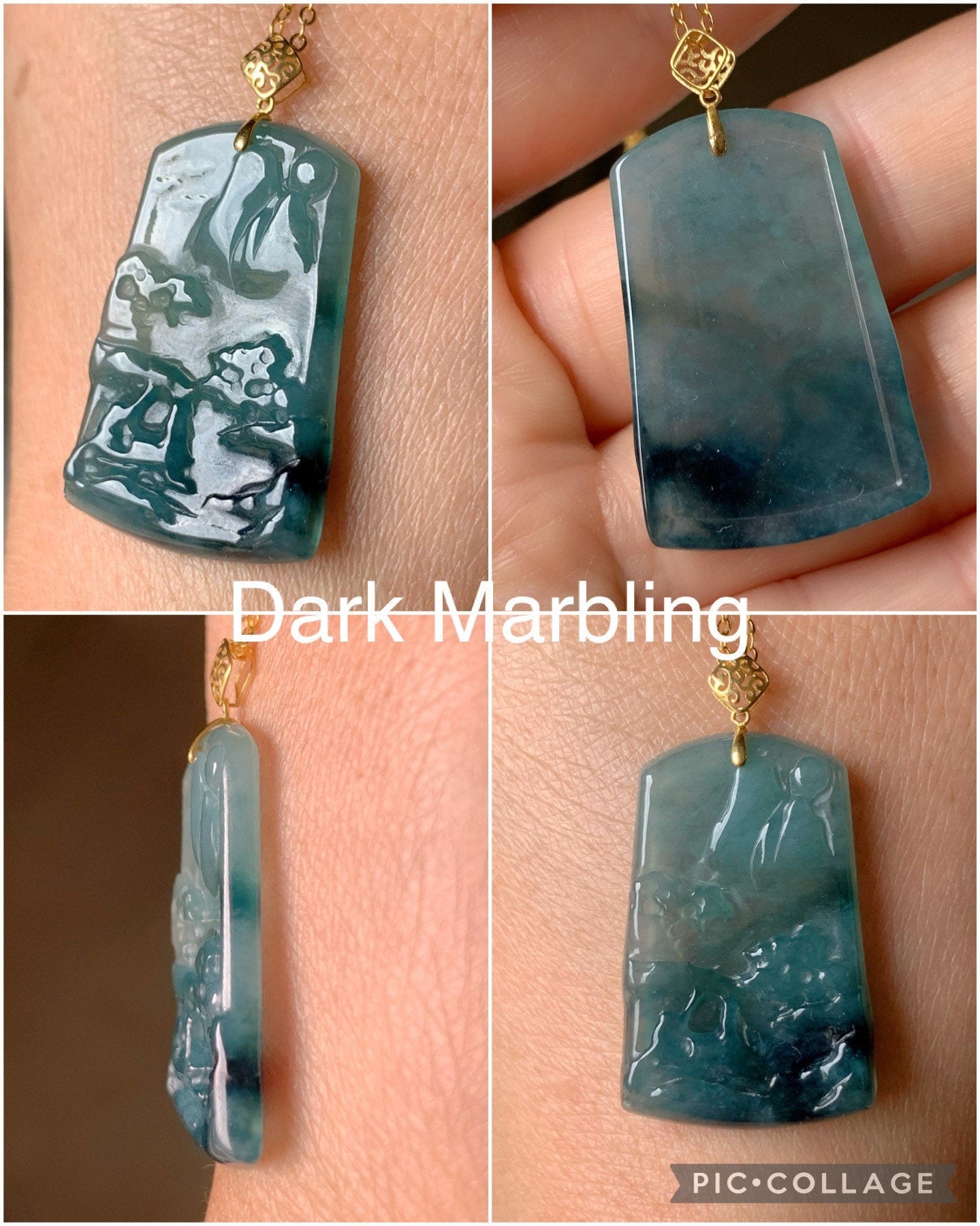 Natural Guatemalan Sky Blue Jadeite with Dark Blue Marbling Shan Shui Pai Landscape Tag Pendant 18K Yellow Gold 天然正高冰危蓝翡翠山水牌吊坠