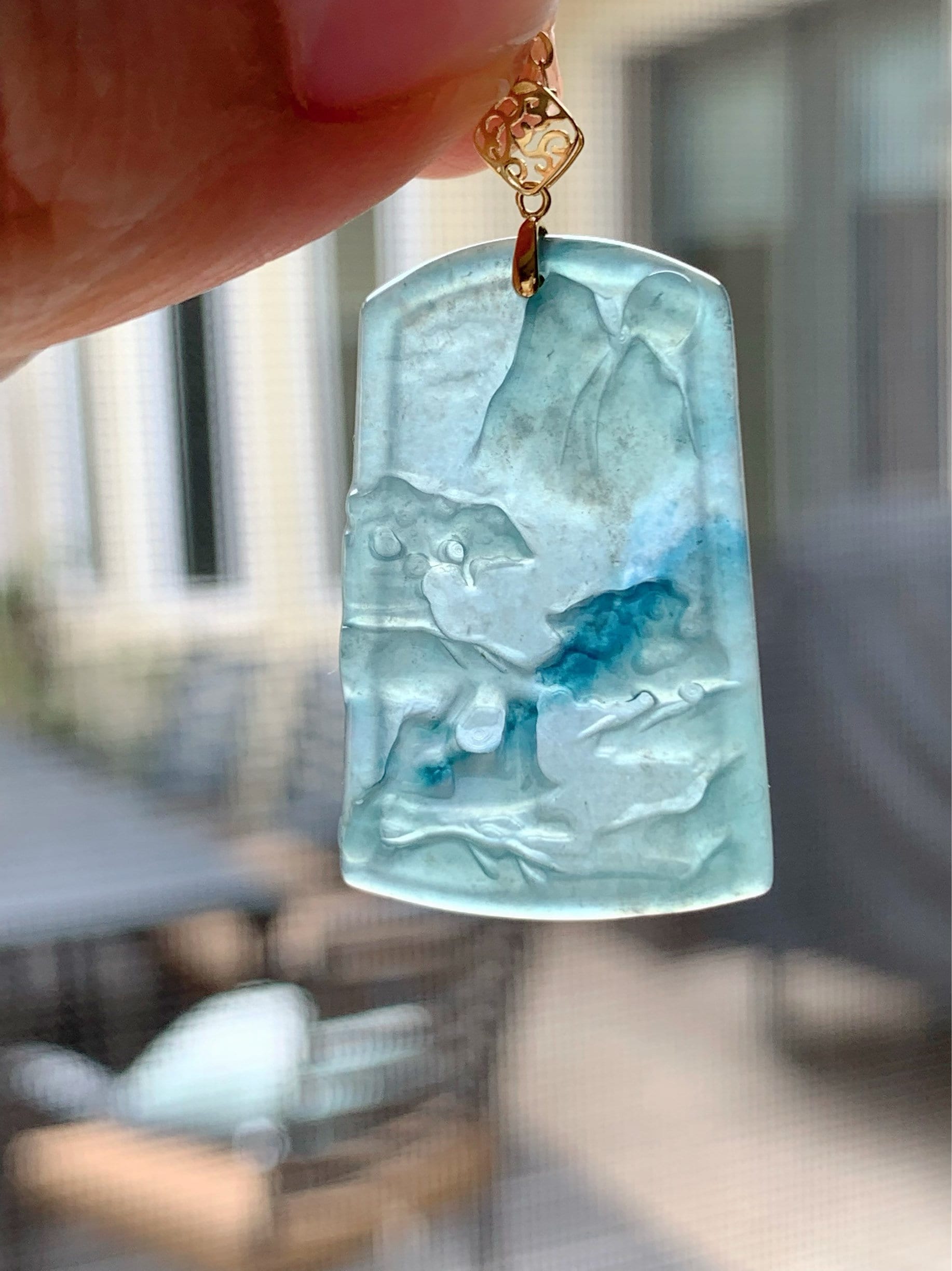 Natural Guatemalan Sky Blue Jadeite with Dark Blue Marbling Shan Shui Pai Landscape Tag Pendant 18K Yellow Gold 天然正高冰危蓝翡翠山水牌吊坠