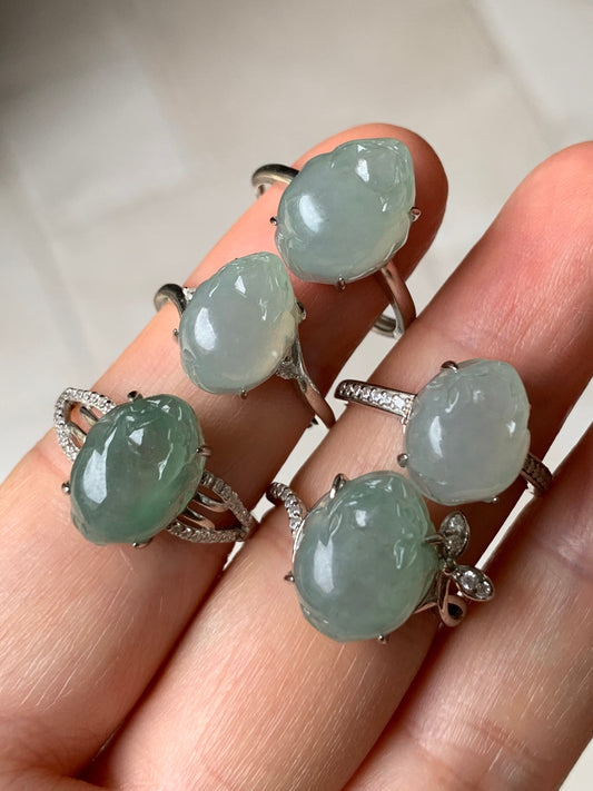 Natural Burmese Icy Translucent & Gelatinous Light Green Jadeite Three-legged Toad Ring Size Adjustable S925 Silver 天然缅甸冰胶晴绿翡翠三脚金蟾银镶戒指 MPX