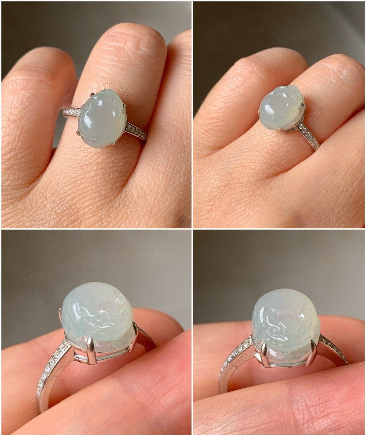 Natural Burmese Icy Translucent & Gelatinous Light Green Jadeite Three-legged Toad Ring Size Adjustable S925 Silver 天然缅甸冰胶晴绿翡翠三脚金蟾银镶戒指 MPX