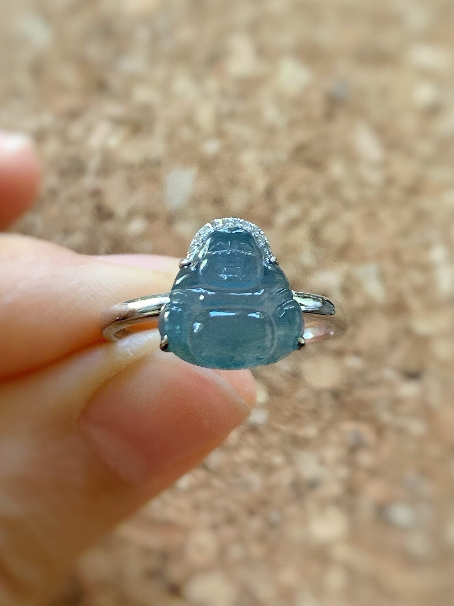 Certified Natural Guatemalan Highly Translucent Blue Jadeite Buddha & Diamond Ring 18K White Gold Size 7 天然高冰危蓝水翡翠佛公钻石镶嵌戒指