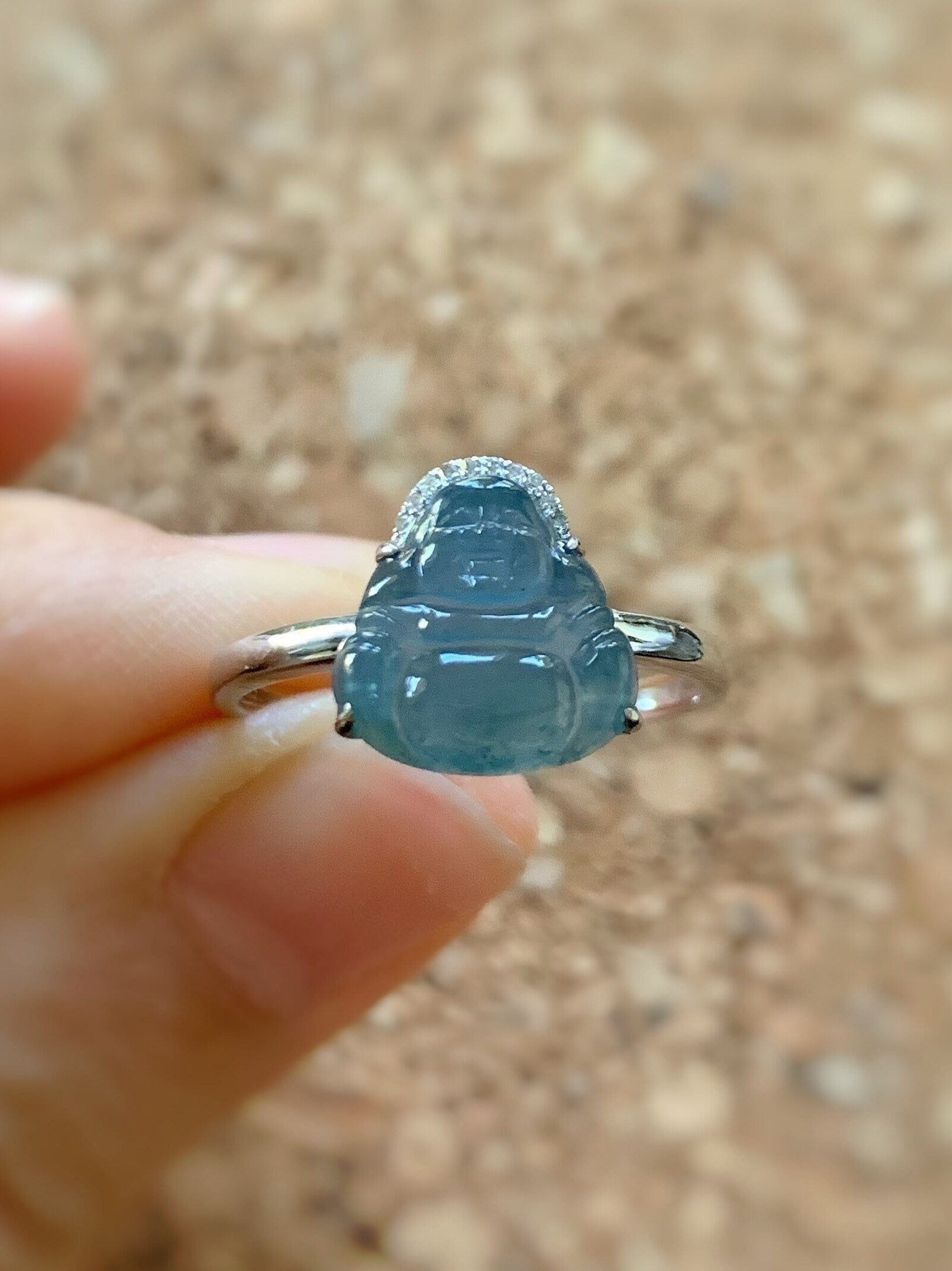 Certified Natural Guatemalan Highly Translucent Blue Jadeite Buddha & Diamond Ring 18K White Gold Size 7 天然高冰危蓝水翡翠佛公钻石镶嵌戒指