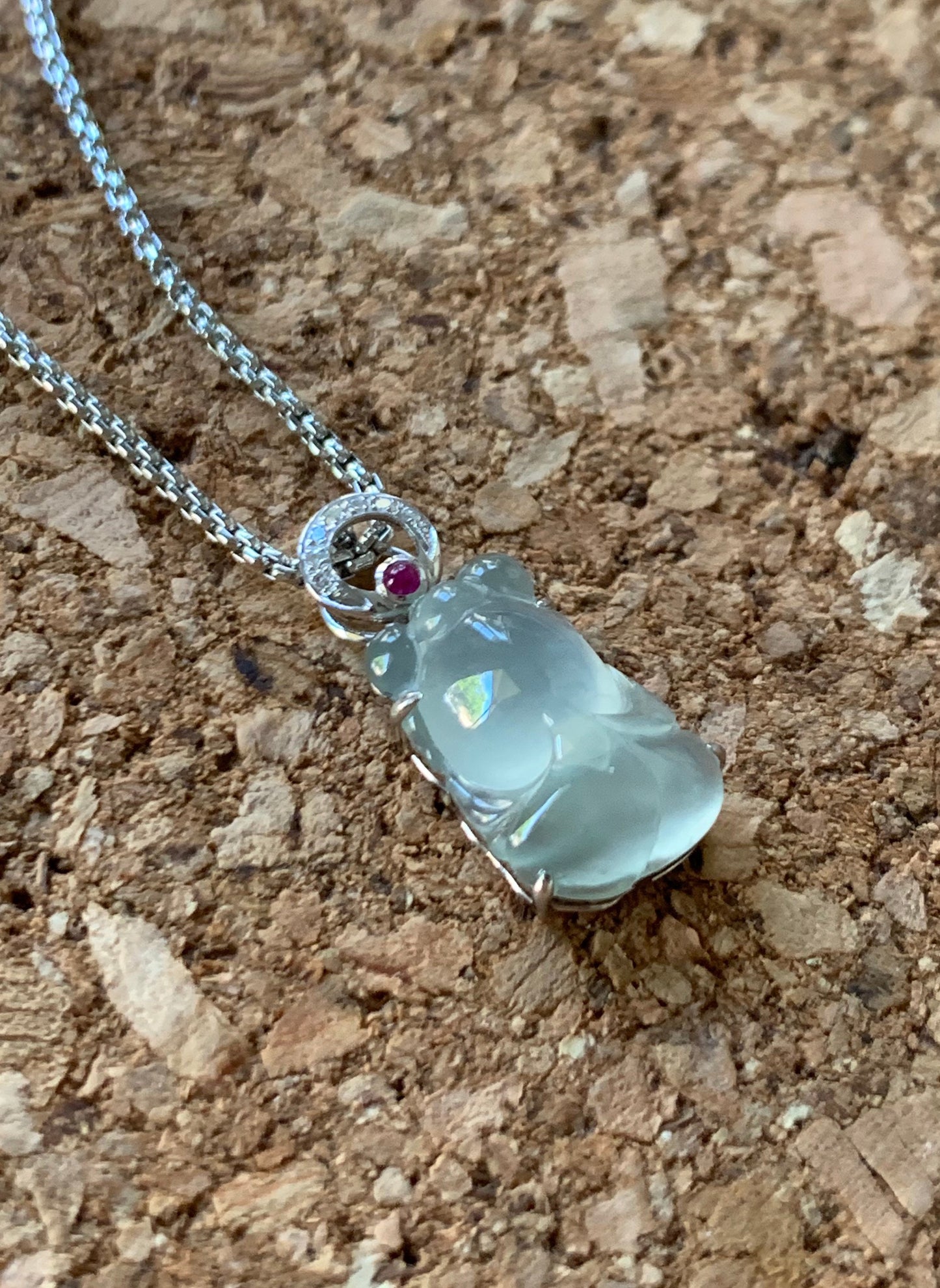 Certified Natural Burmese Icy Highly Translucent Gelatinous Jadeite Goldfish Diamond & Ruby Pendant 18K White Gold 天然缅甸冰胶起光翡翠金鱼钻石红宝镶嵌吊坠
