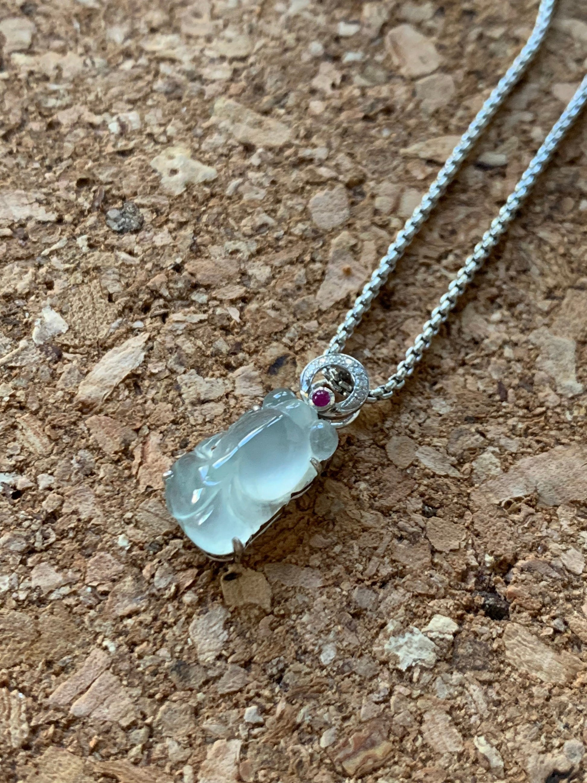 Certified Natural Burmese Icy Highly Translucent Gelatinous Jadeite Goldfish Diamond & Ruby Pendant 18K White Gold 天然缅甸冰胶起光翡翠金鱼钻石红宝镶嵌吊坠