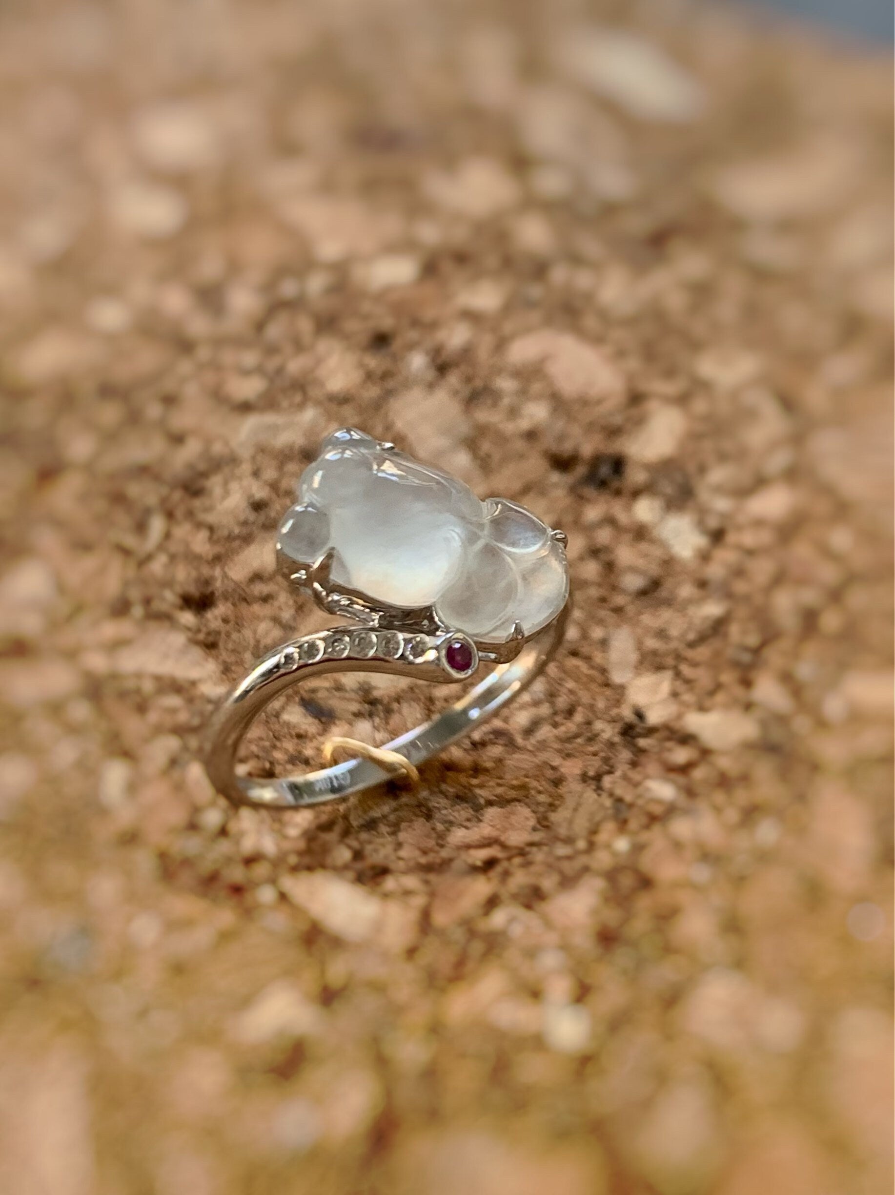 Certified Natural Burmese Transparent White Jadeite Carved Goldfish Diamond & Ruby Ring 18K White Gold sz 7 天然缅甸高冰起钢翡翠金鱼钻石红宝镶嵌戒指