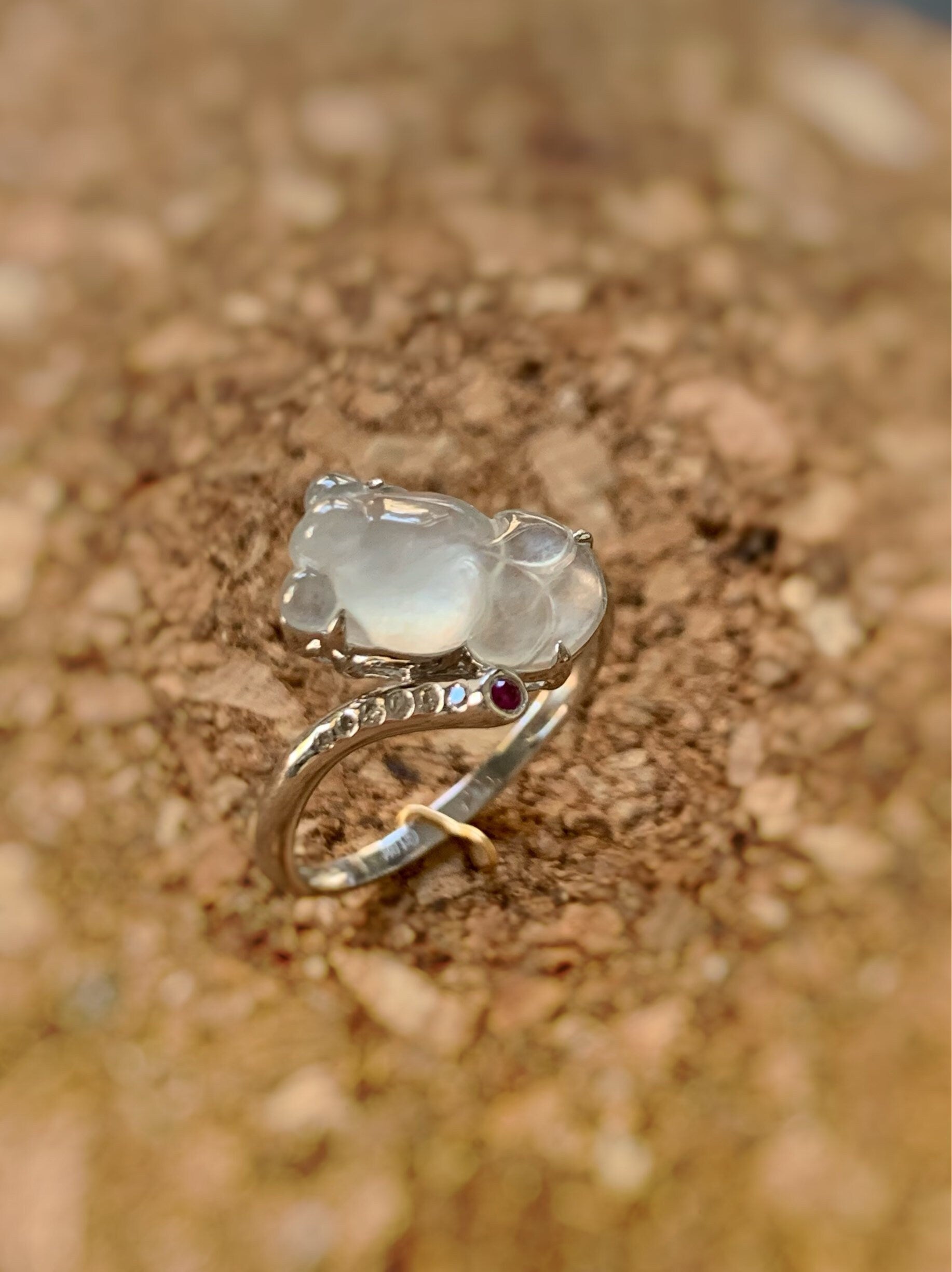 Certified Natural Burmese Transparent White Jadeite Carved Goldfish Diamond & Ruby Ring 18K White Gold sz 7 天然缅甸高冰起钢翡翠金鱼钻石红宝镶嵌戒指