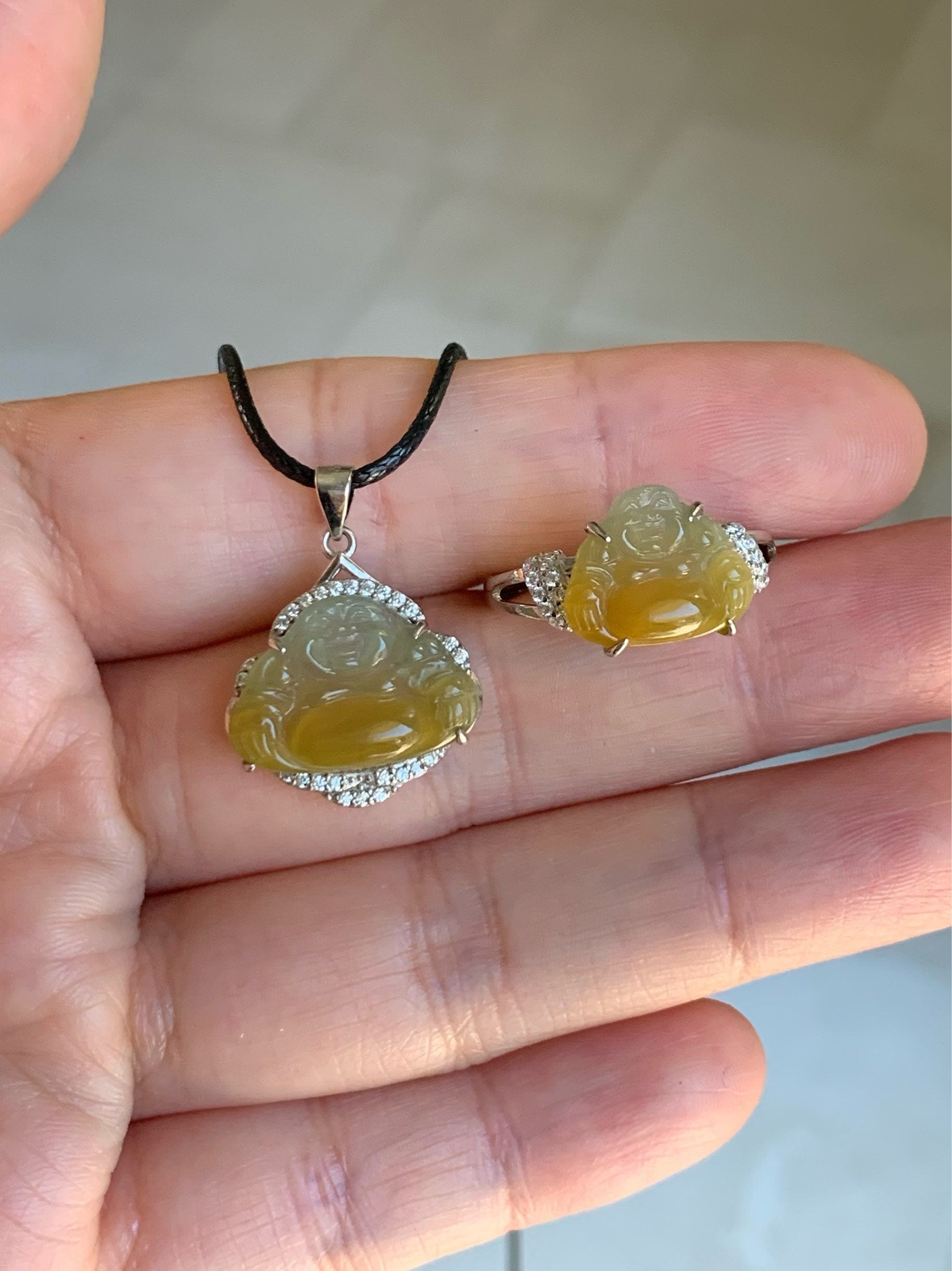 Natural Guatemalan Premium Translucent Icy Blue and Yellow Bi-Colored Jadeite Buddha Pendant Or Ring S925 Silver 天然冰危蓝加黄翡翠佛公镶嵌吊坠戒指