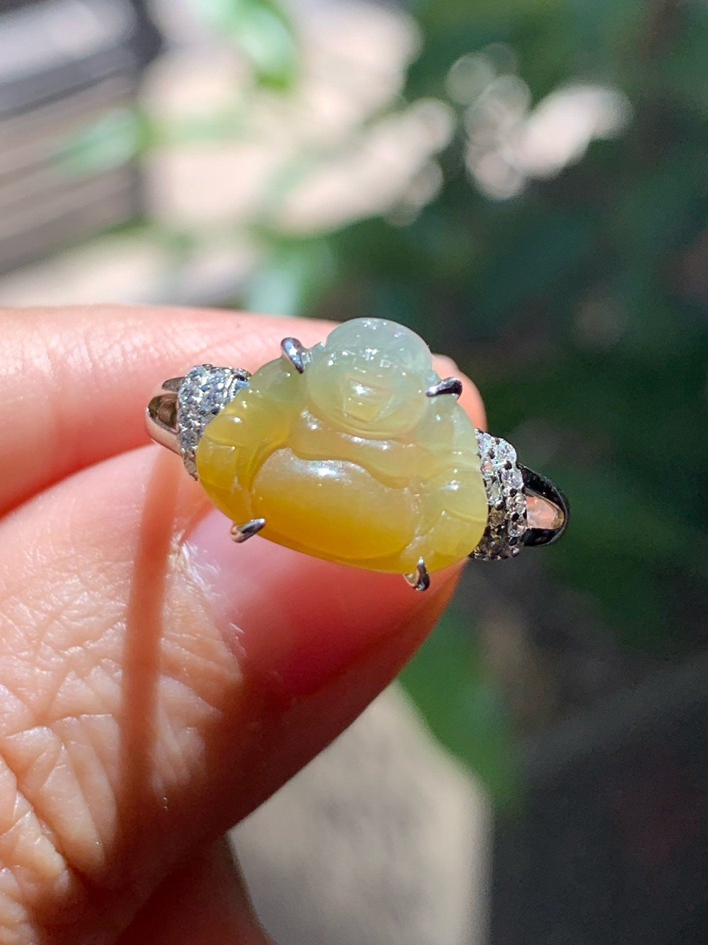 Natural Guatemalan Premium Translucent Icy Blue and Yellow Bi-Colored Jadeite Buddha Pendant Or Ring S925 Silver 天然冰危蓝加黄翡翠佛公镶嵌吊坠戒指