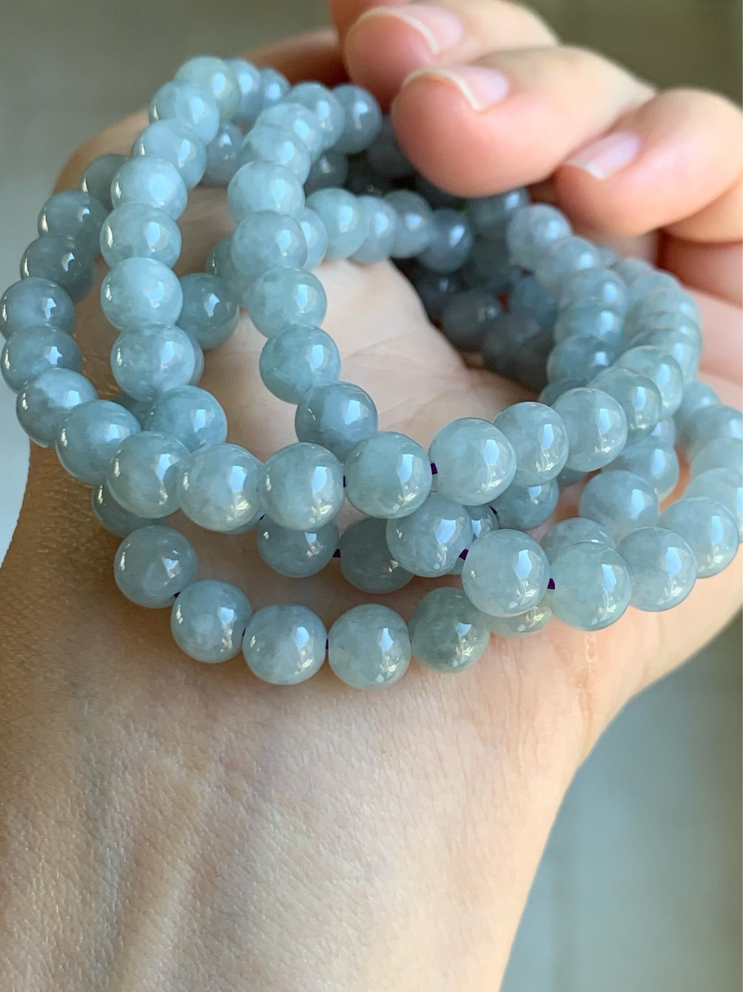 Burmese Natural Icy Translucent Gelatinous Light Wuji Jadeite Beaded Necklace 6.7mm 26” 天然缅甸起冰起胶乌鸡翡翠圆珠长串项链