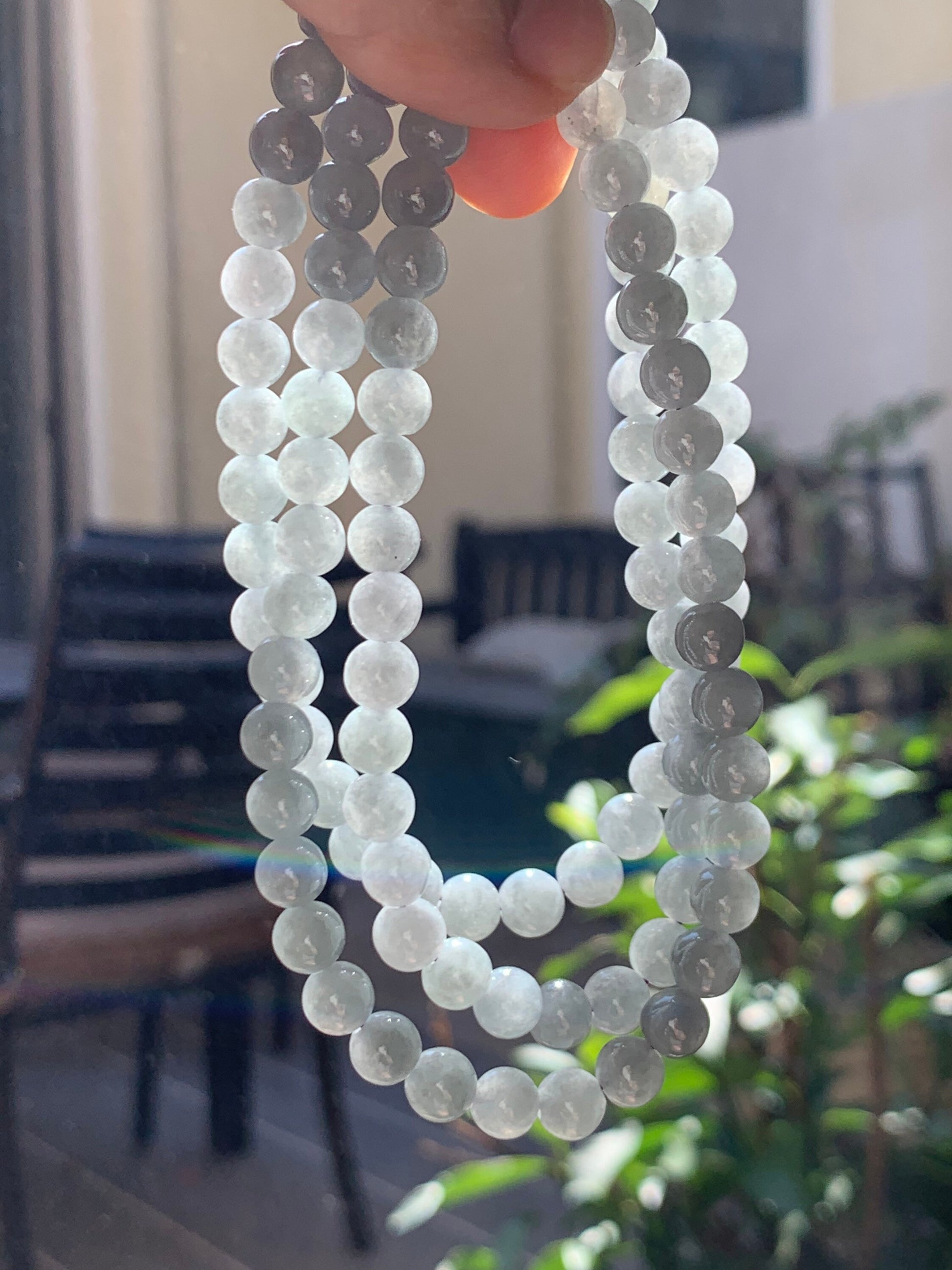 Burmese Natural Icy Translucent Gelatinous Light Wuji Jadeite Beaded Necklace 6.7mm 26” 天然缅甸起冰起胶乌鸡翡翠圆珠长串项链