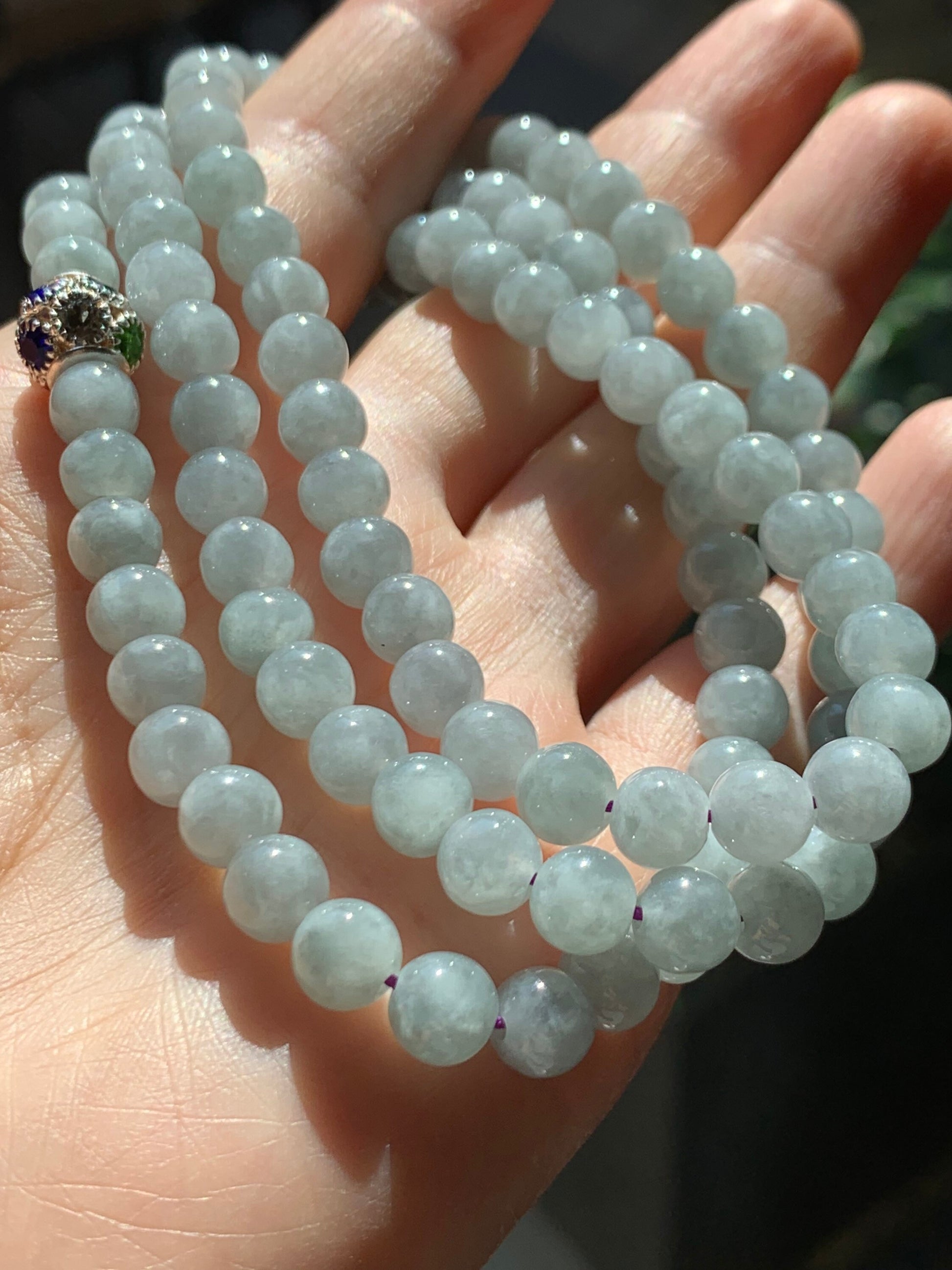 Burmese Natural Icy Translucent Gelatinous Light Wuji Jadeite Beaded Necklace 6.7mm 26” 天然缅甸起冰起胶乌鸡翡翠圆珠长串项链