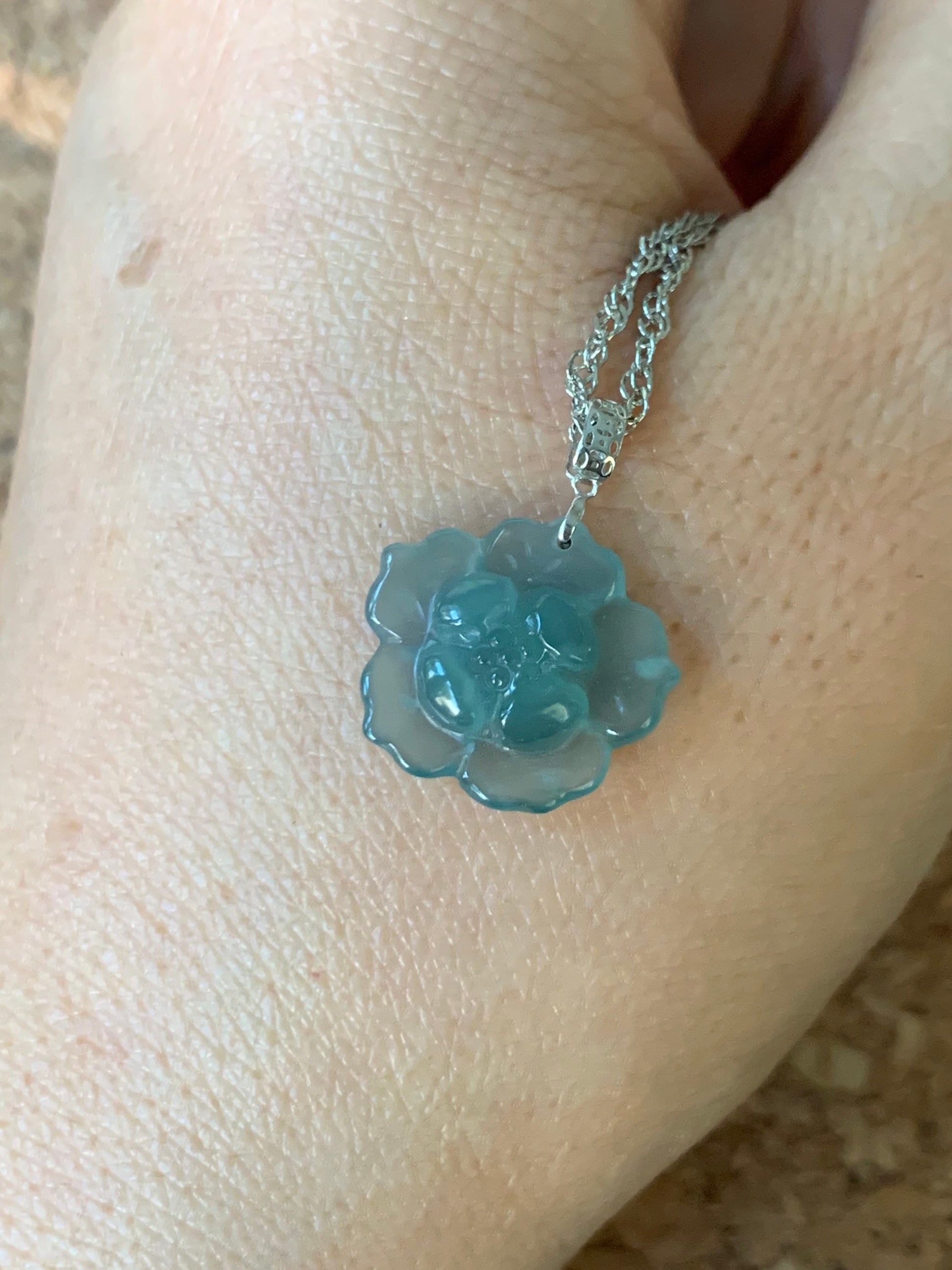Natural Guatemalan Premium Highly Translucent Icy Blue Jadeite Carved Lotus Flower Pendant 18K White Gold 天然冰危蓝翡翠莲花镶嵌吊坠