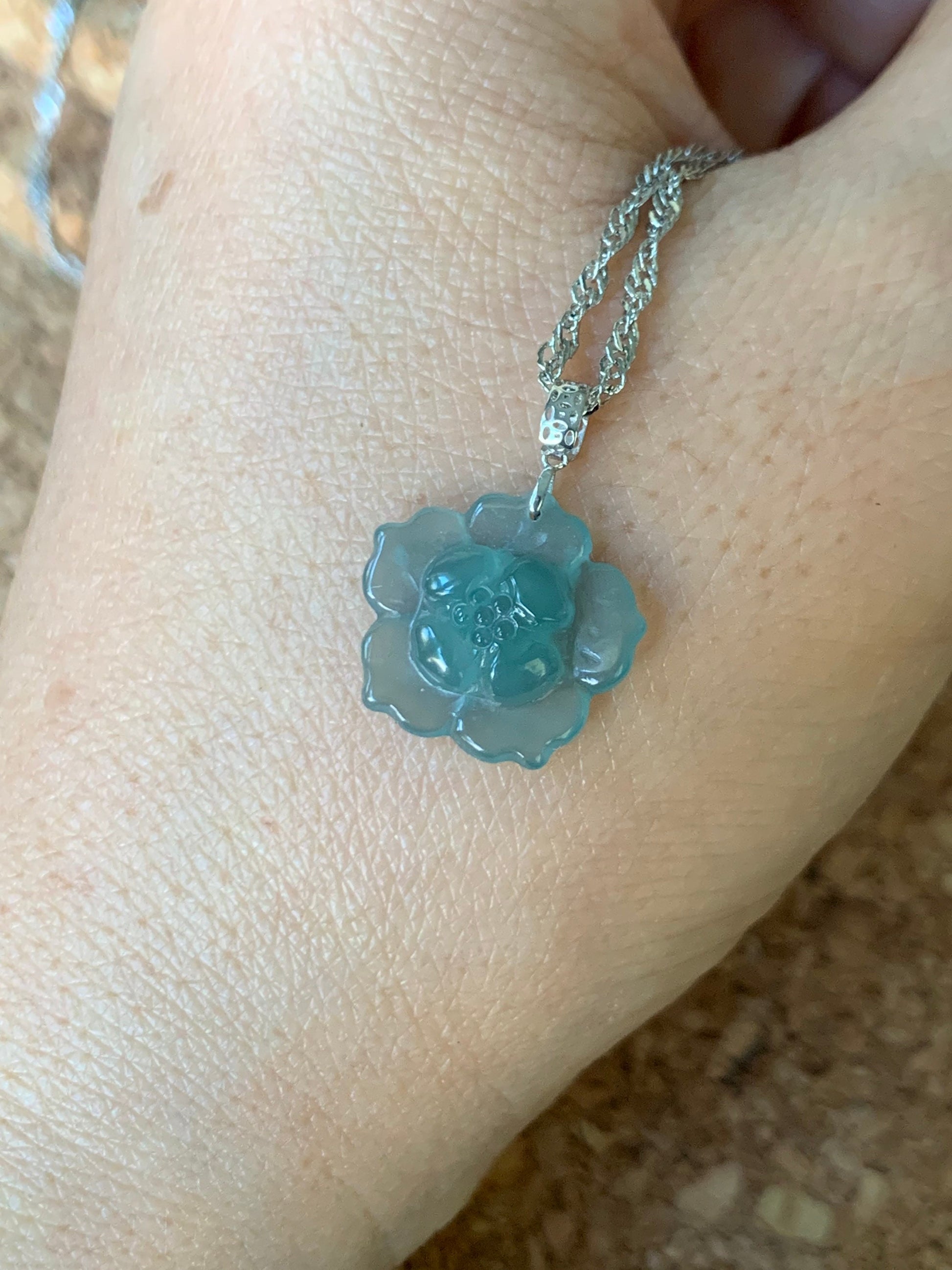 Natural Guatemalan Premium Highly Translucent Icy Blue Jadeite Carved Lotus Flower Pendant 18K White Gold 天然冰危蓝翡翠莲花镶嵌吊坠