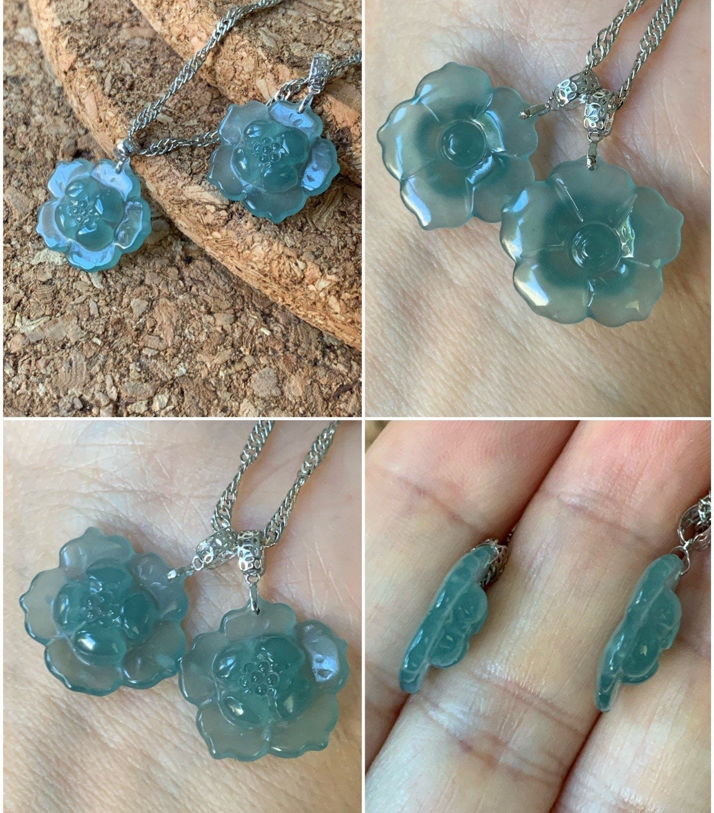 Natural Guatemalan Premium Highly Translucent Icy Blue Jadeite Carved Lotus Flower Pendant 18K White Gold 天然冰危蓝翡翠莲花镶嵌吊坠
