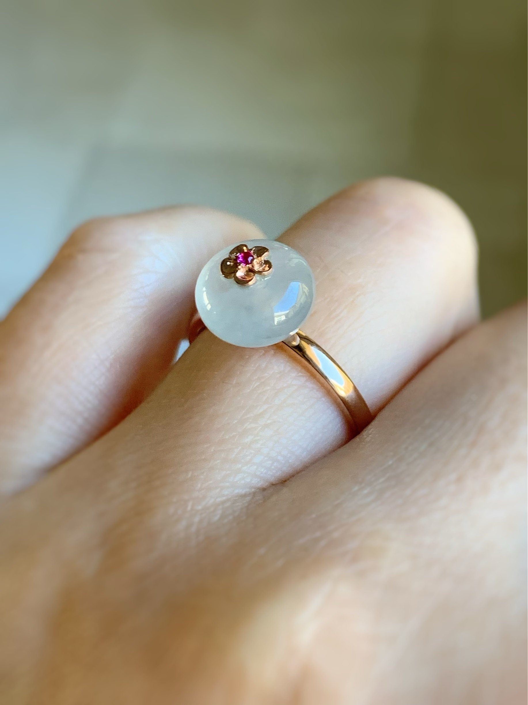 Certified Burmese Icy Highly Translucent Gelatinous Icy Jadeite Ping An Kou Ring 18K Rose Gold with Ruby Sz 7 天然缅甸正冰平安扣翡翠红宝石K玫镶嵌戒指