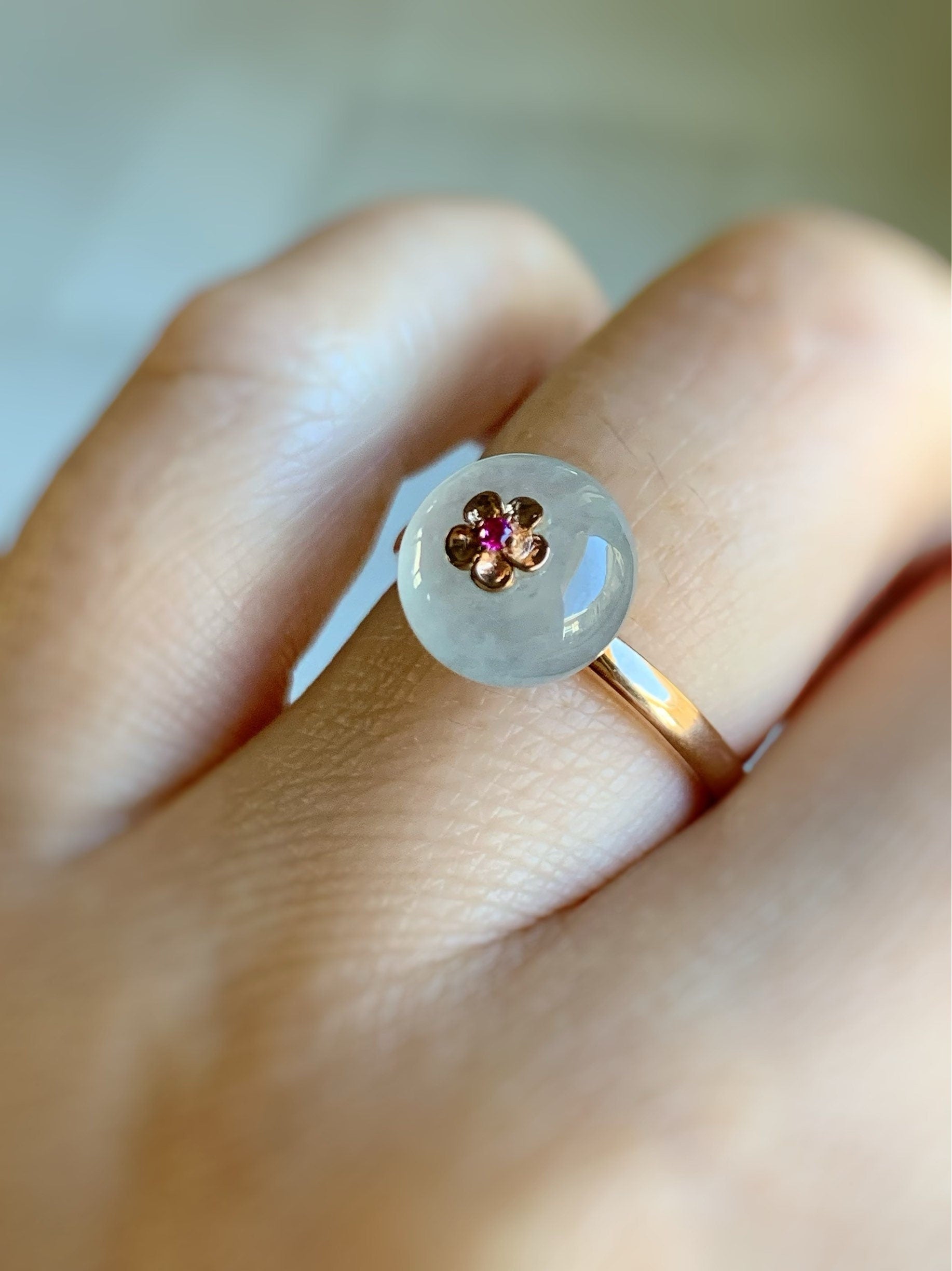 Certified Burmese Icy Highly Translucent Gelatinous Icy Jadeite Ping An Kou Ring 18K Rose Gold with Ruby Sz 7 天然缅甸正冰平安扣翡翠红宝石K玫镶嵌戒指