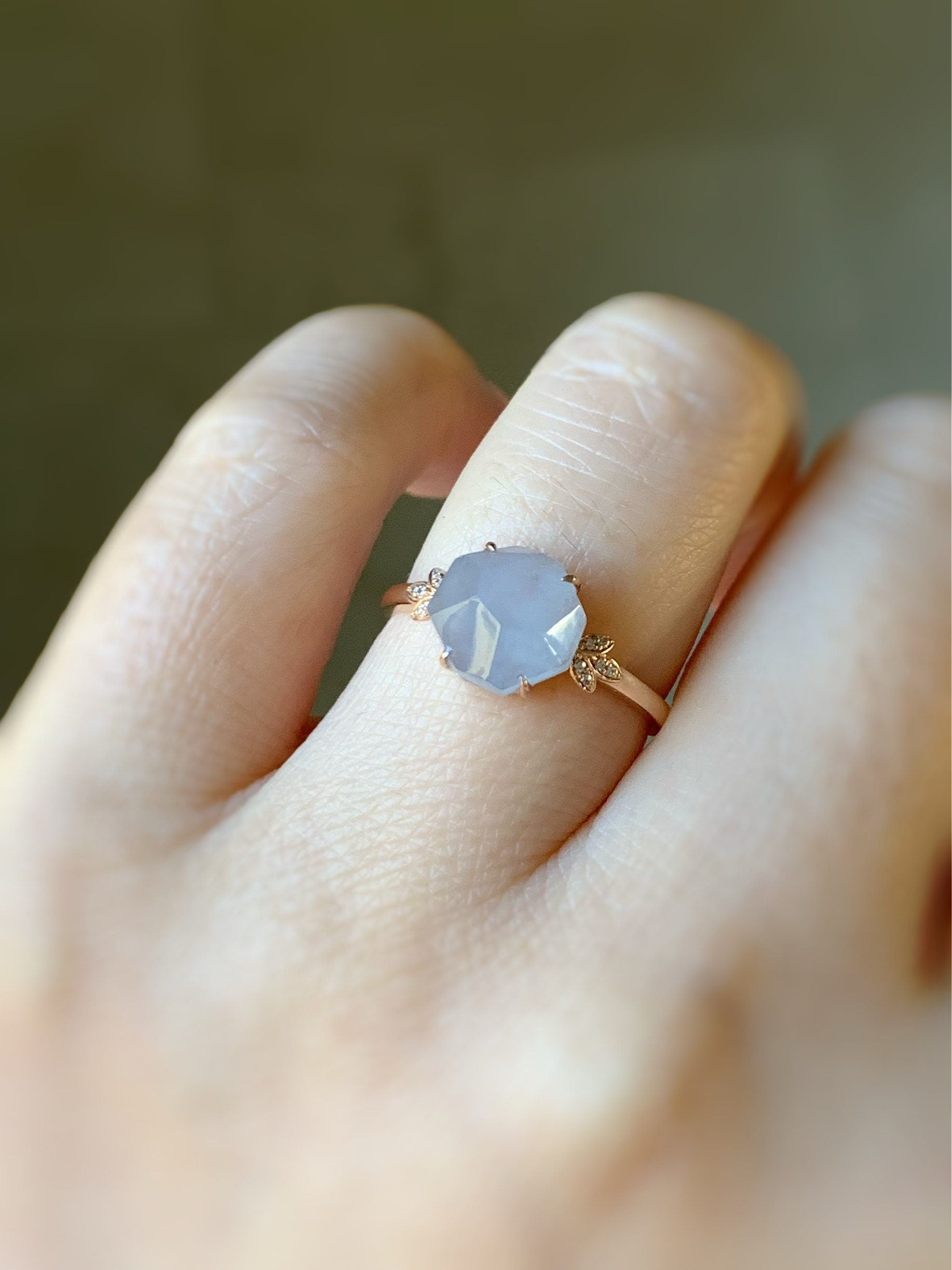 Certified Burmese Icy Translucent Purple Faceted Jadeite Solitaire Ring 18K Rose Gold & Diamond Ring Sz 7 天然缅甸冰紫翡翠切割面镶嵌钻石戒指
