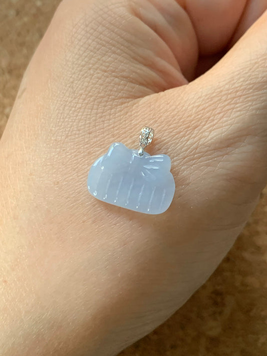 Natural Burmese Icy Translucent & Gelatinous Light Purple Jadeite Deer or Comb Petite Pendant 18K White Gold w/ Chain 天然缅甸冰紫翡翠小鹿或梳子锁骨吊坠