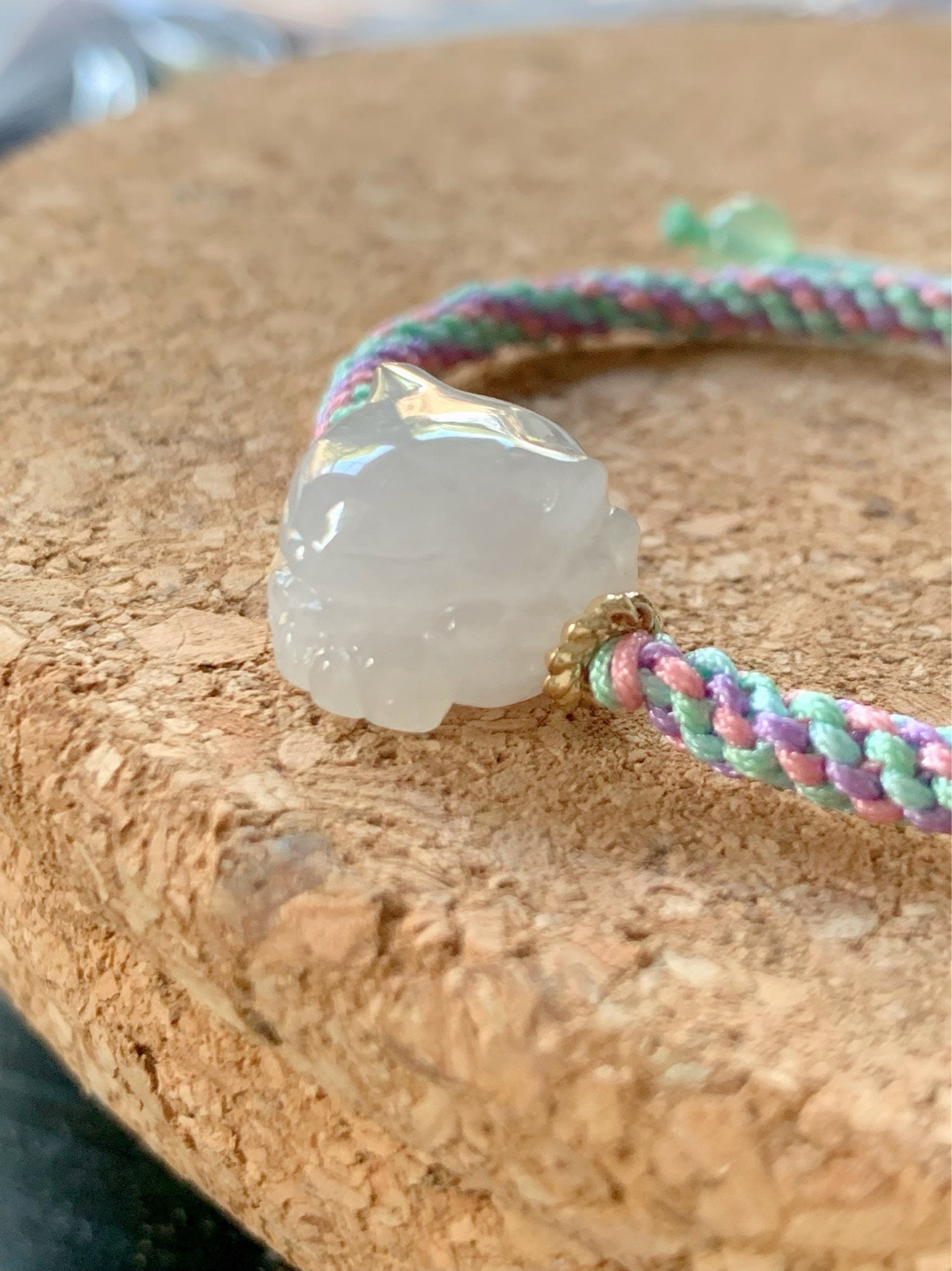 Natural Burmese Icy Translucent & Gelatinous White Jadeite 3D Carved Nine-Tailed Fox Rope Bracelet Adjustable 天然缅甸白冰起胶翡翠九尾狐狸手绳