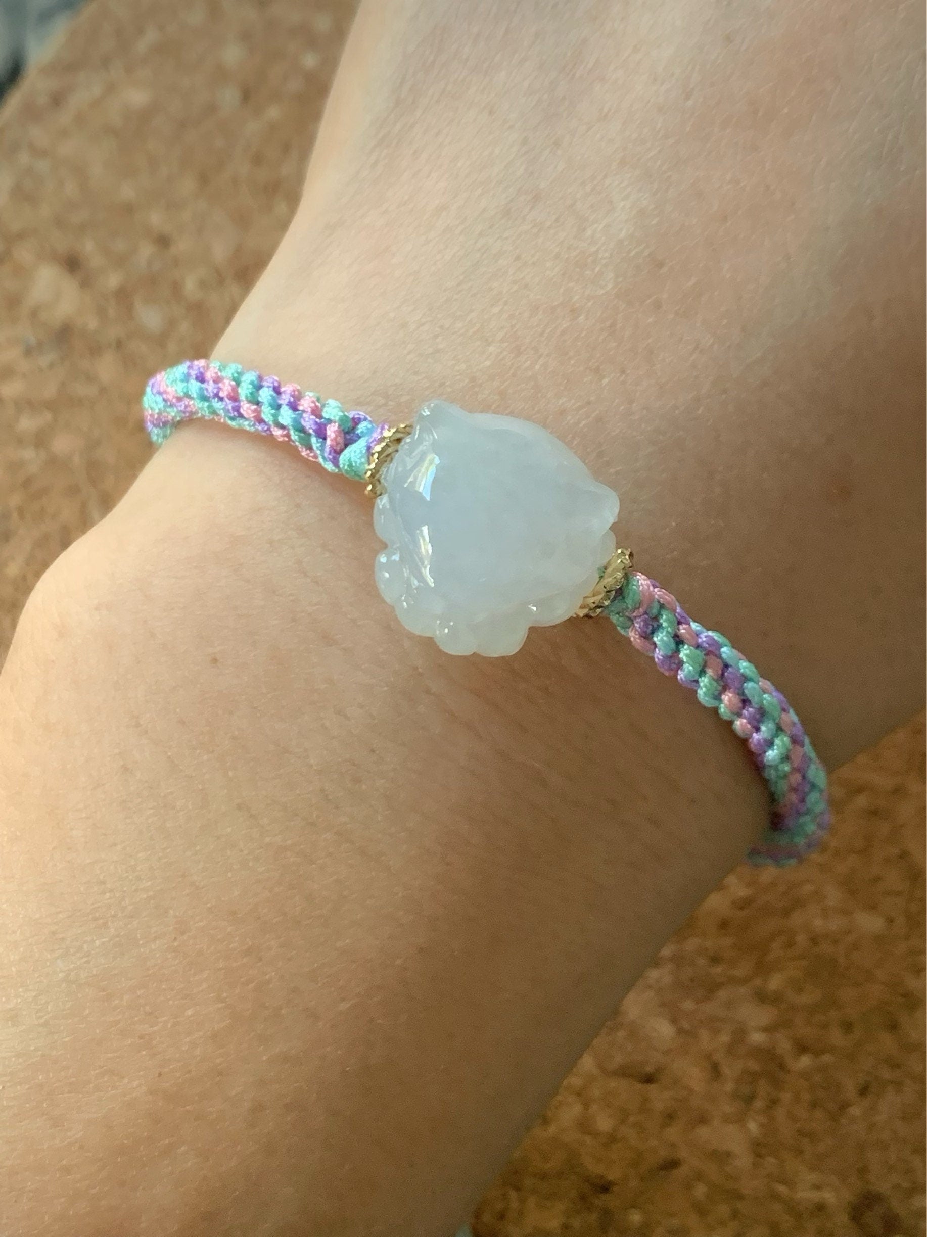 Natural Burmese Icy Translucent & Gelatinous White Jadeite 3D Carved Nine-Tailed Fox Rope Bracelet Adjustable 天然缅甸白冰起胶翡翠九尾狐狸手绳