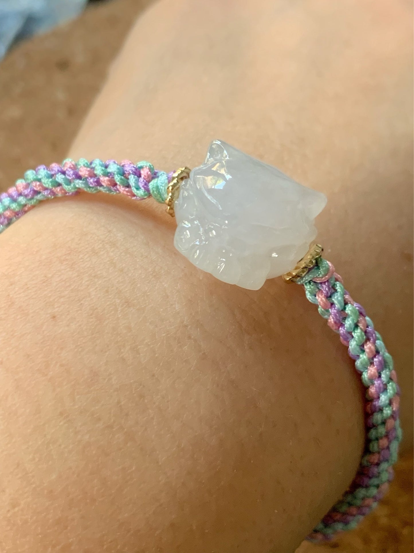 Natural Burmese Icy Translucent & Gelatinous White Jadeite 3D Carved Nine-Tailed Fox Rope Bracelet Adjustable 天然缅甸白冰起胶翡翠九尾狐狸手绳