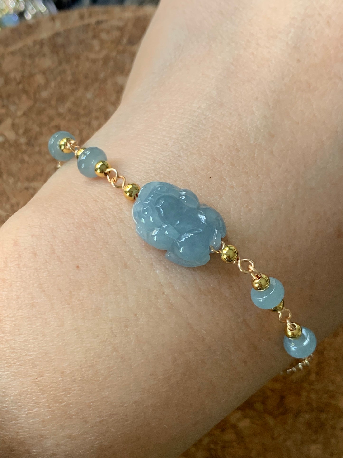 Natural Guatemalan Translucent Gelatinous Blue Jadeite Carved Pixiu Bracelet 14K Gold Plating adjustable up to 7.25"-7” 天然冰危蓝翡翠立体雕貔貅14K包金手链