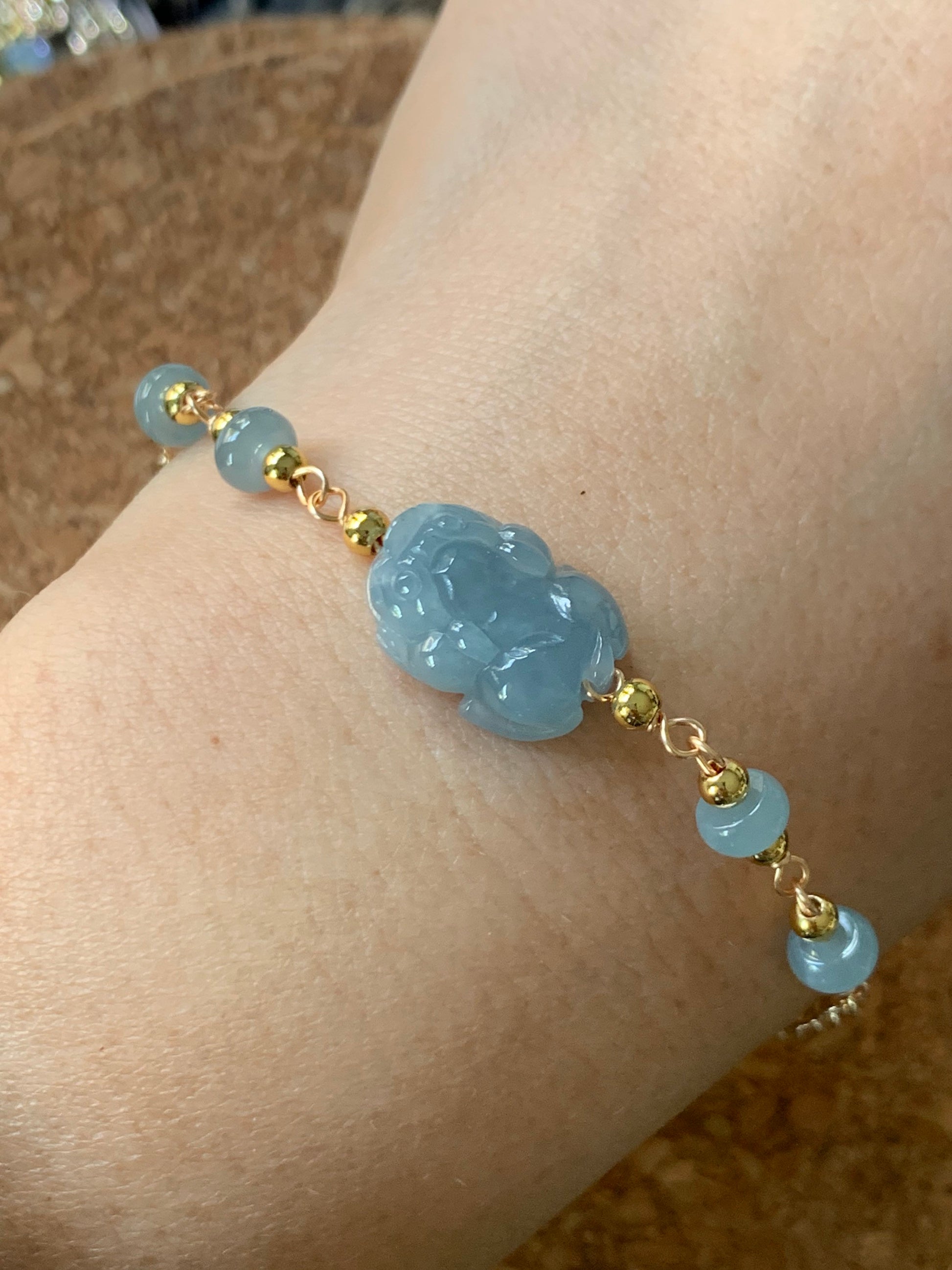 Natural Guatemalan Translucent Gelatinous Blue Jadeite Carved Pixiu Bracelet 14K Gold Plating adjustable up to 7.25"-7” 天然冰危蓝翡翠立体雕貔貅14K包金手链