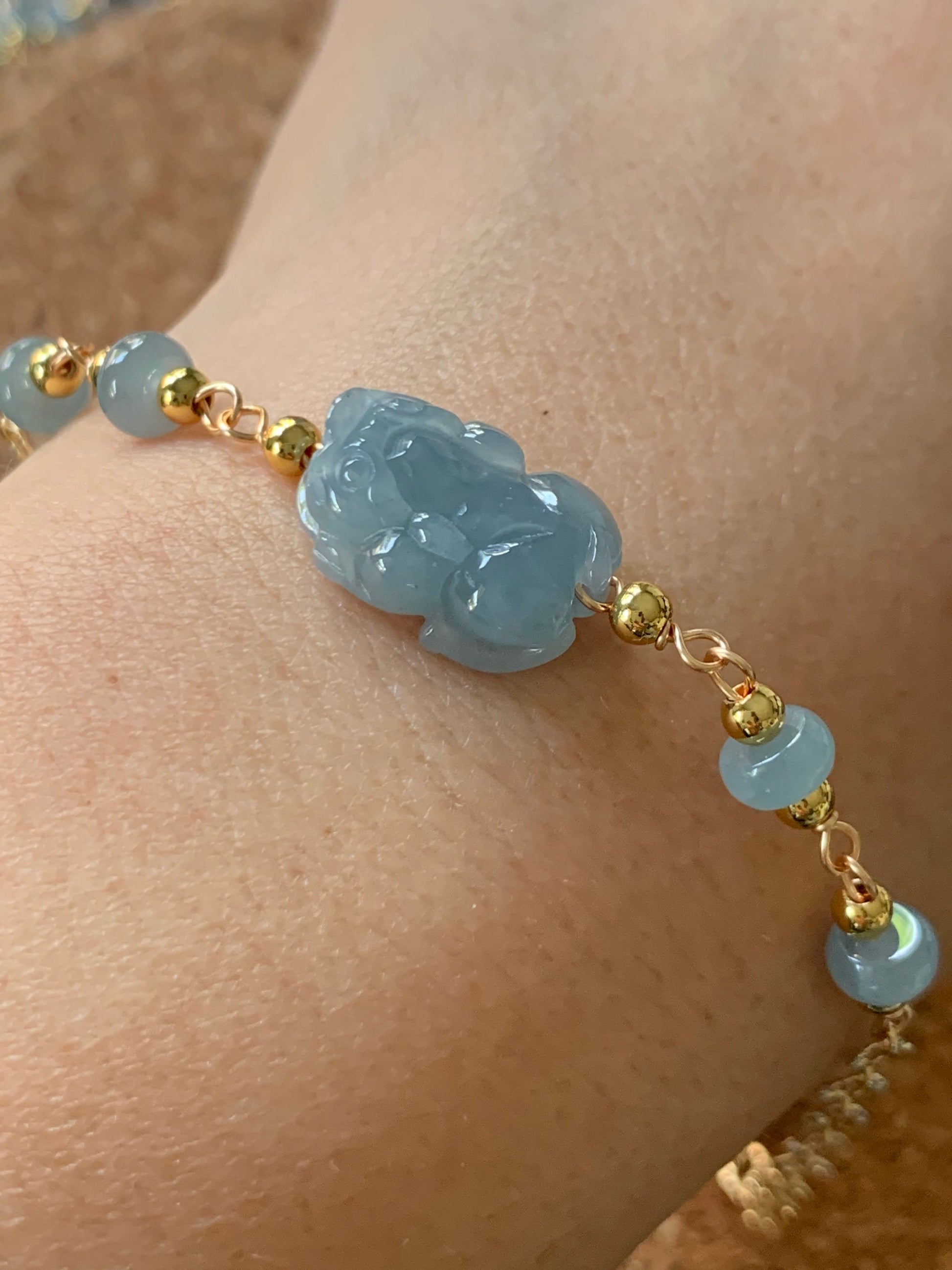 Natural Guatemalan Translucent Gelatinous Blue Jadeite Carved Pixiu Bracelet 14K Gold Plating adjustable up to 7.25"-7” 天然冰危蓝翡翠立体雕貔貅14K包金手链