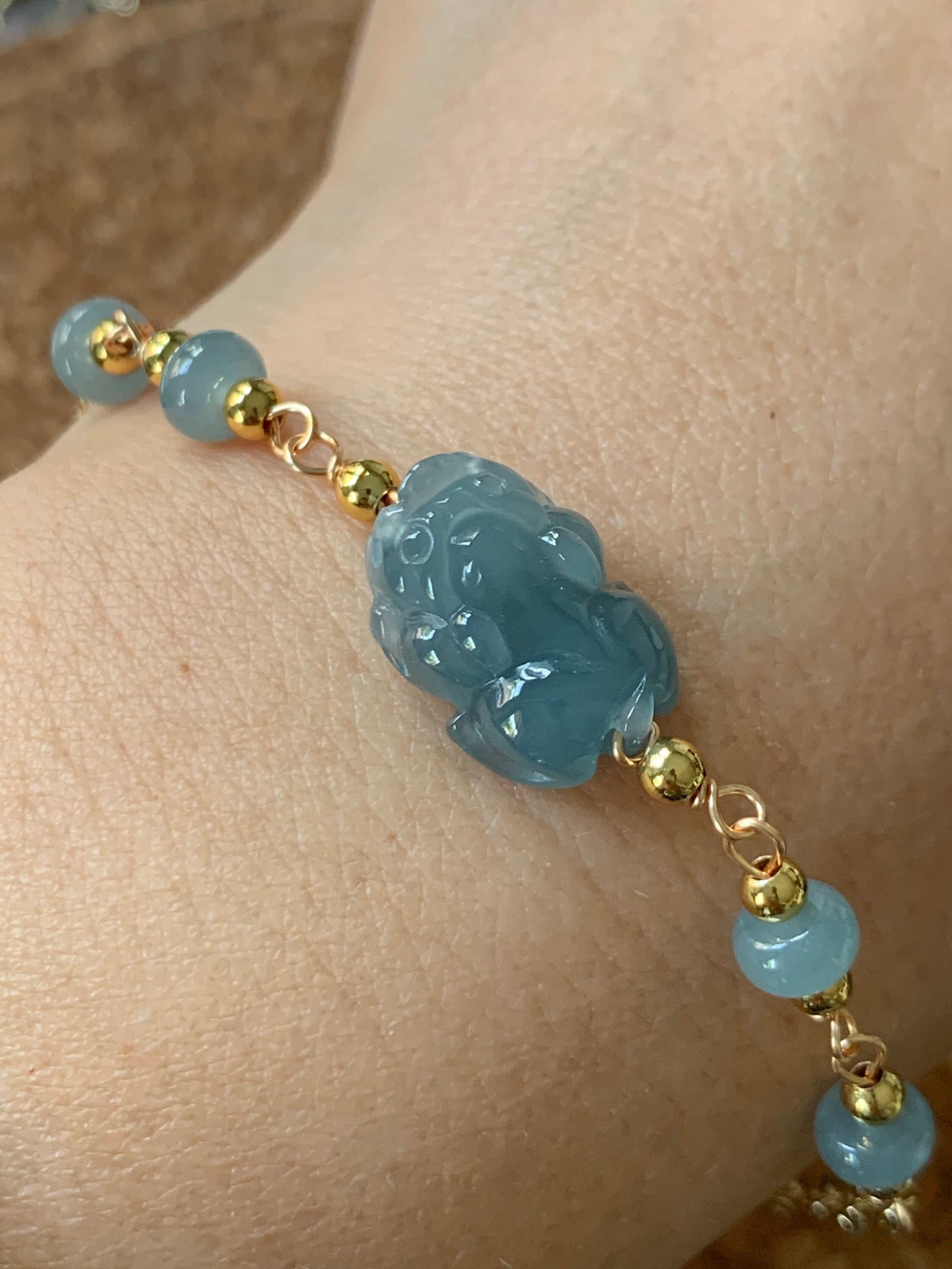 Natural Guatemalan Translucent Gelatinous Blue Jadeite Carved Pixiu Bracelet 14K Gold Plating adjustable up to 7.25"-7” 天然冰危蓝翡翠立体雕貔貅14K包金手链