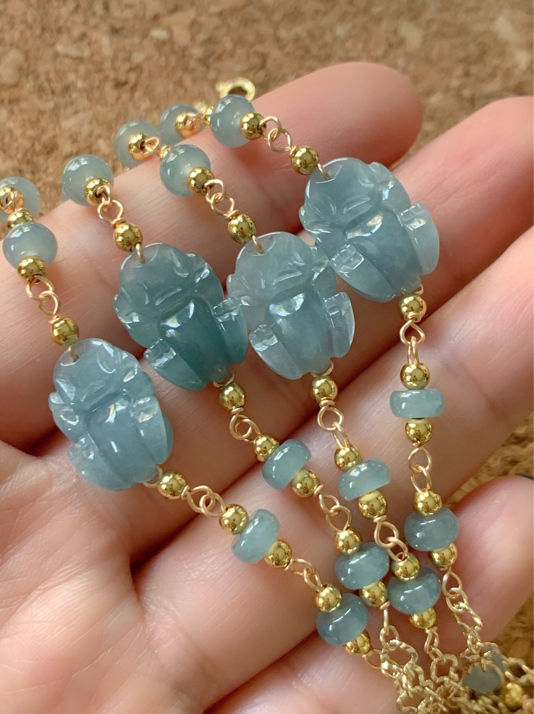Natural Guatemalan Translucent Gelatinous Blue Jadeite Carved Pixiu Bracelet 14K Gold Plating adjustable up to 7.25"-7” 天然冰危蓝翡翠立体雕貔貅14K包金手链