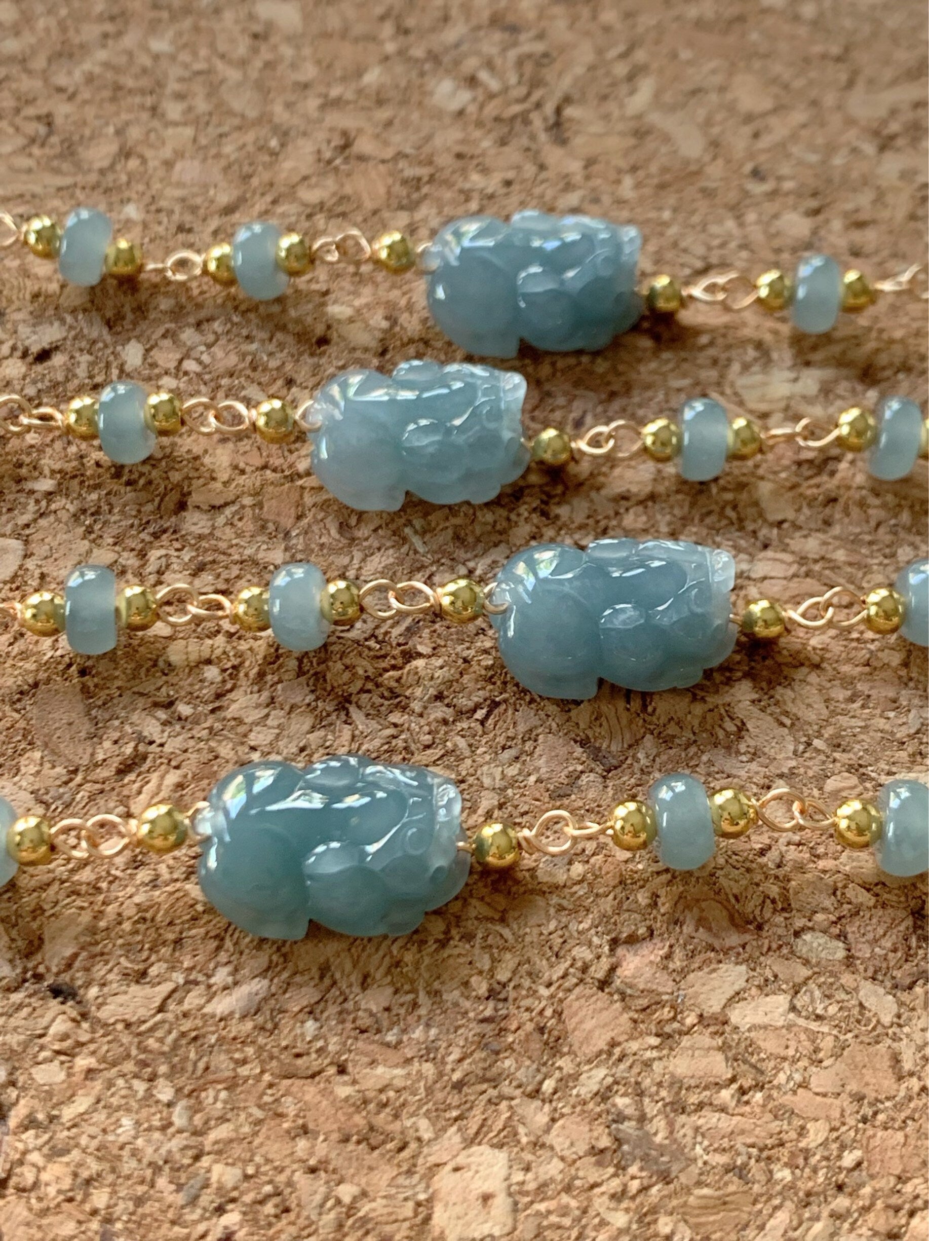 Natural Guatemalan Translucent Gelatinous Blue Jadeite Carved Pixiu Bracelet 14K Gold Plating adjustable up to 7.25"-7” 天然冰危蓝翡翠立体雕貔貅14K包金手链