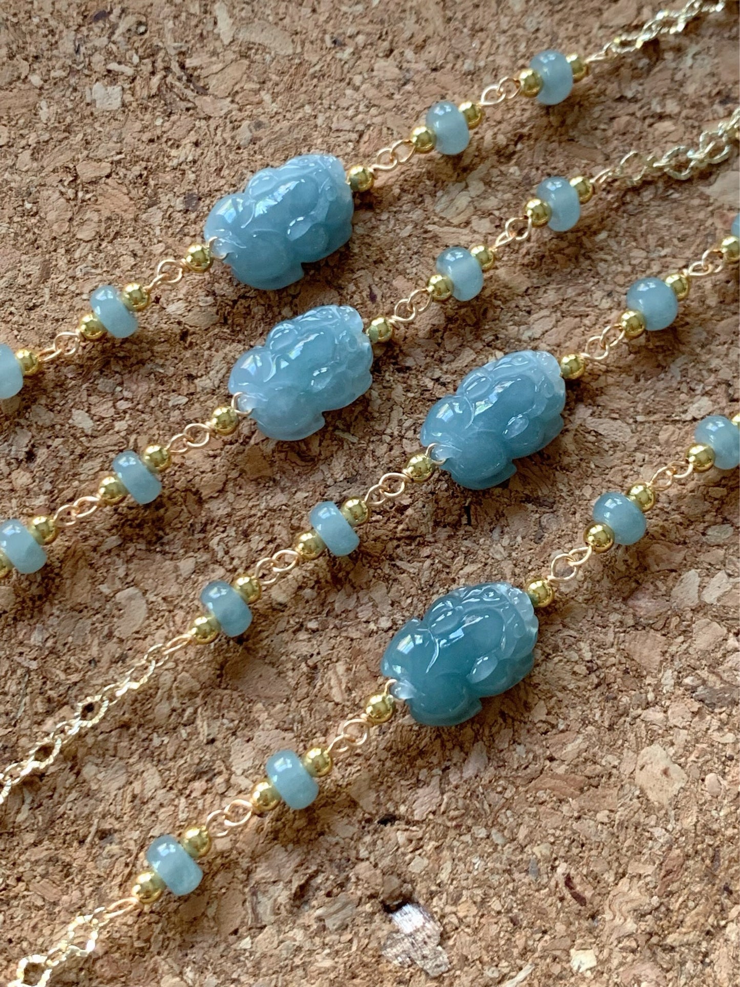 Natural Guatemalan Translucent Gelatinous Blue Jadeite Carved Pixiu Bracelet 14K Gold Plating adjustable up to 7.25"-7” 天然冰危蓝翡翠立体雕貔貅14K包金手链