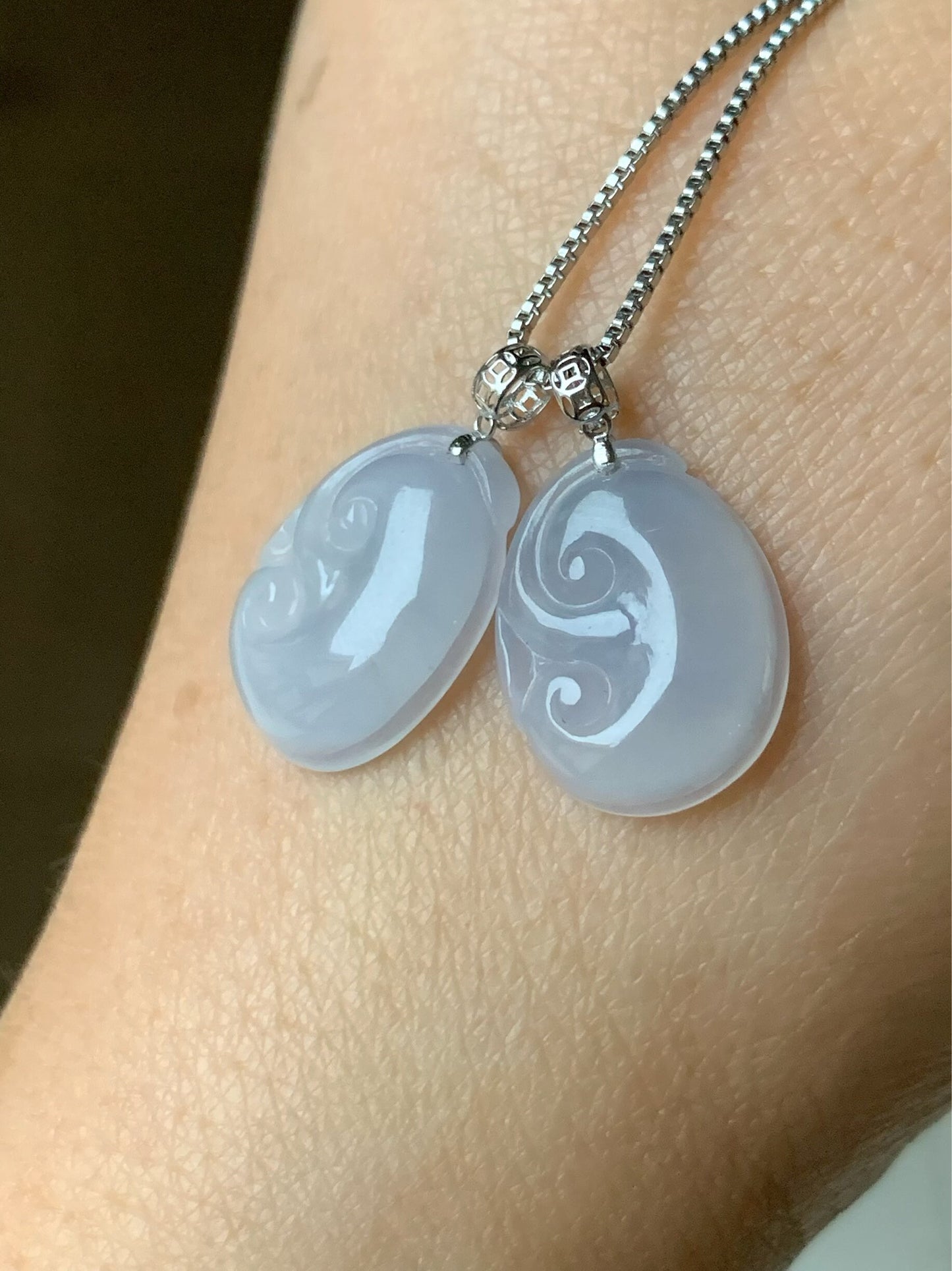 Natural Burmese Translucent & Gelatinous Light Purple Jadeite Ruyi Petite Pendant 18K White Gold w/ Silver Chain 天然缅甸冰淡紫底翡翠如意镶嵌吊坠