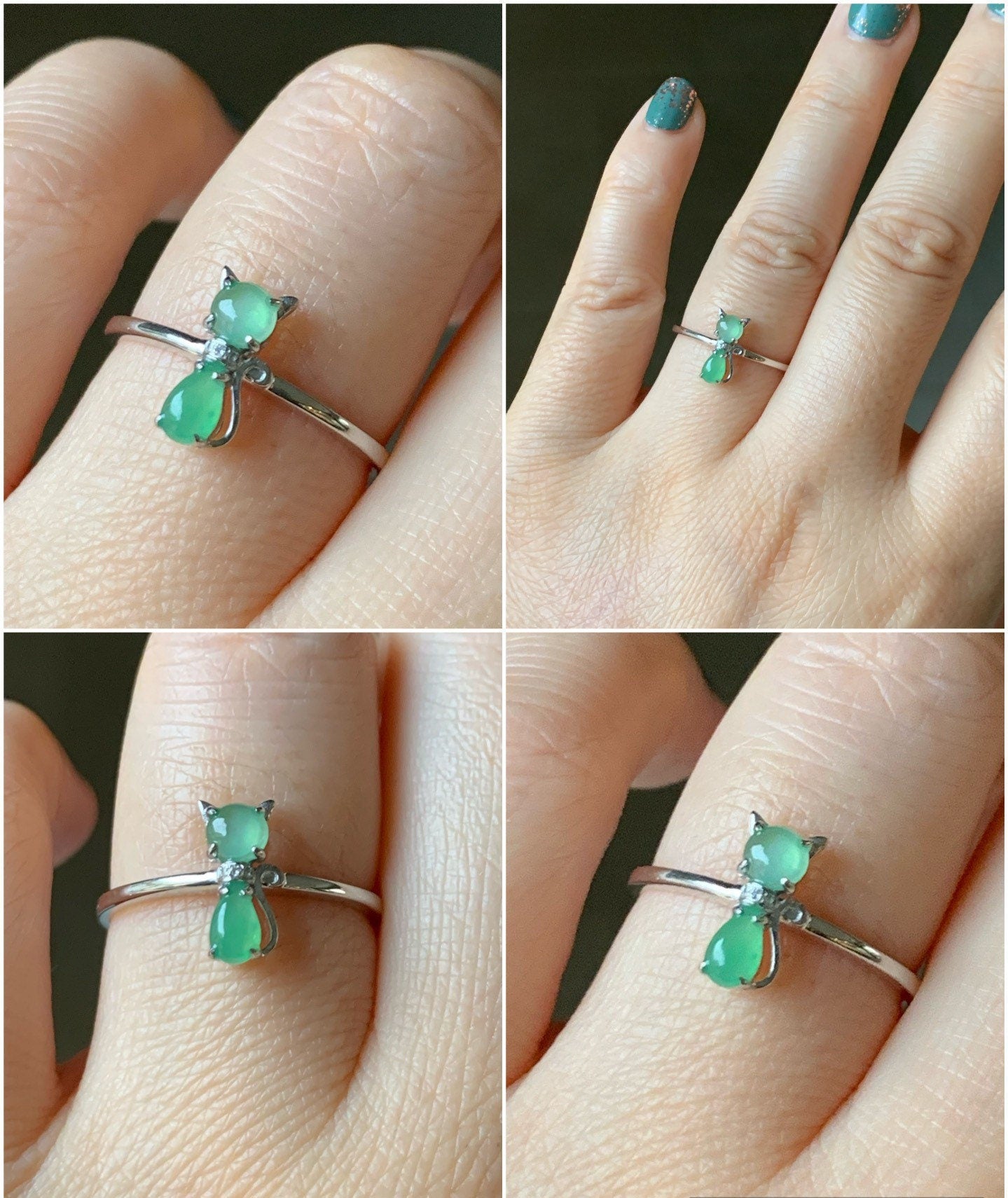 Certified Natural Burmese Premium Icy Yellow or Green Jadeite Kitty Cat Ring 18K Yellow or White Gold & Diamonds size 7 天然缅甸冰黄冰绿翡翠猫咪镶嵌戒指
