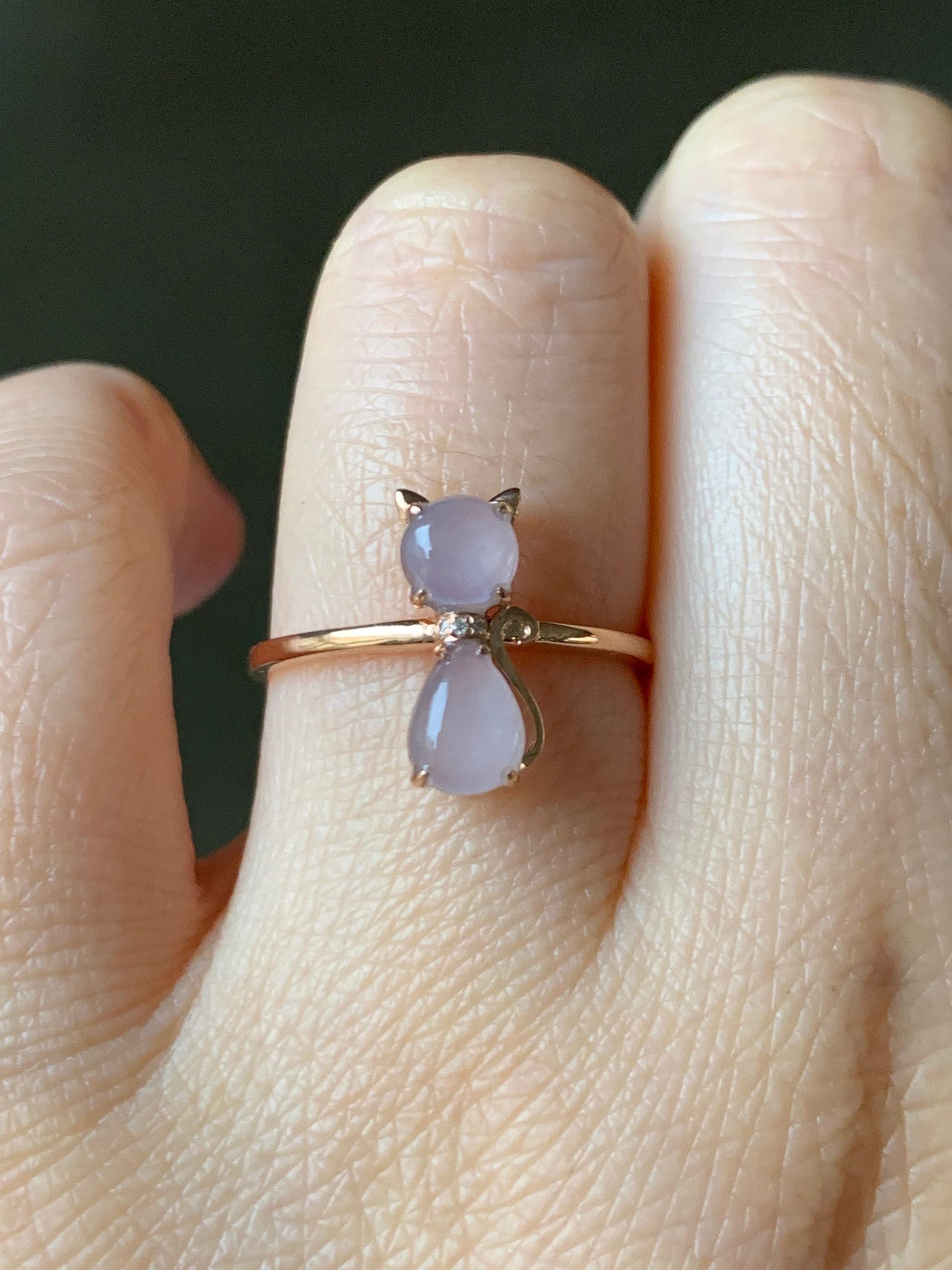 Certified Natural Burmese Premium Highly Translucent Pinkish Purple Jadeite Kitty Cat Ring 18K Rose Gold & Diamonds size 7 天然缅甸冰紫起光翡翠猫咪镶嵌戒指