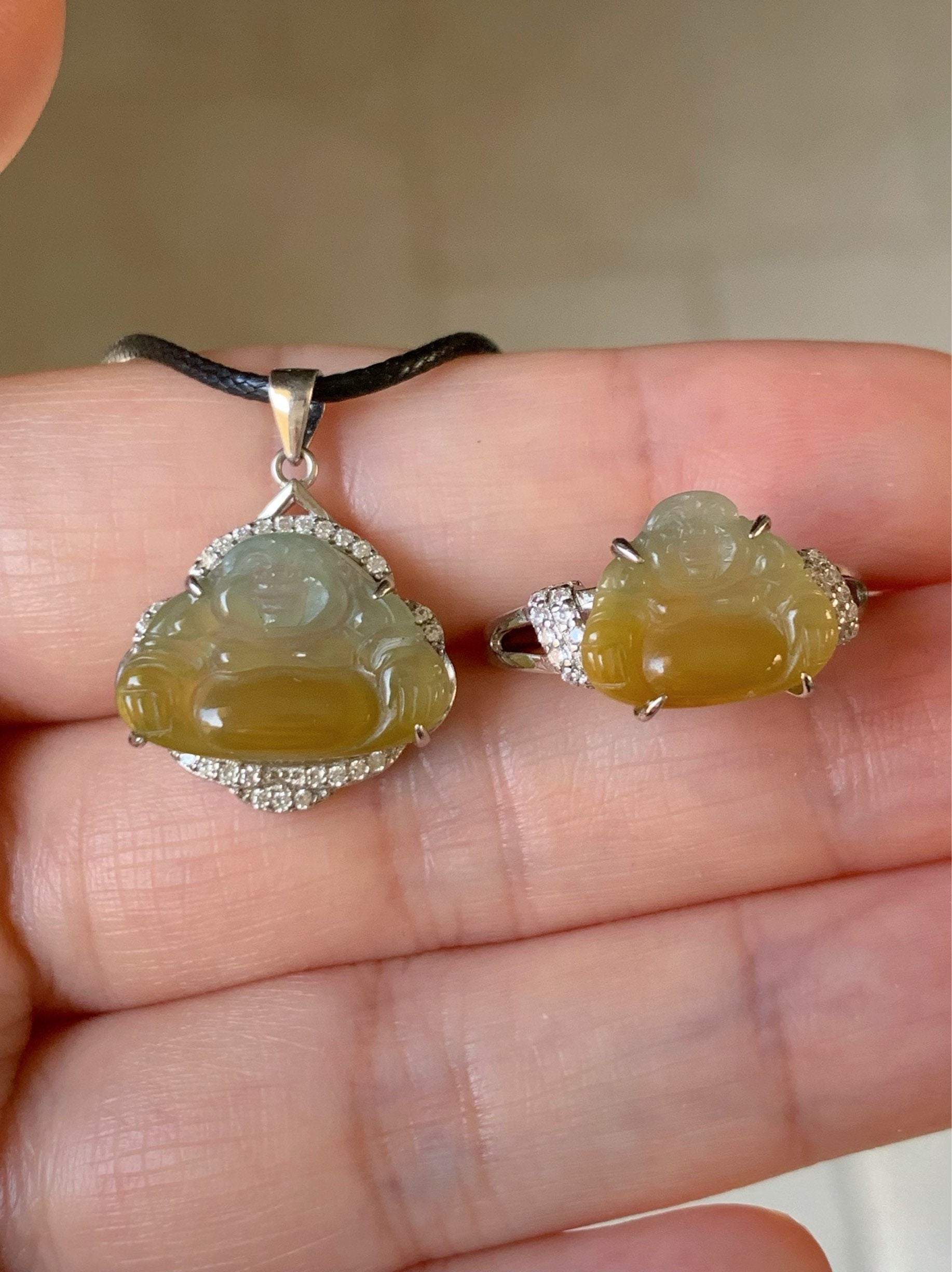 Natural Guatemalan Premium Translucent Icy Blue and Yellow Bi-Colored Jadeite Buddha Pendant Or Ring S925 Silver 天然冰危蓝加黄翡翠佛公镶嵌吊坠戒指