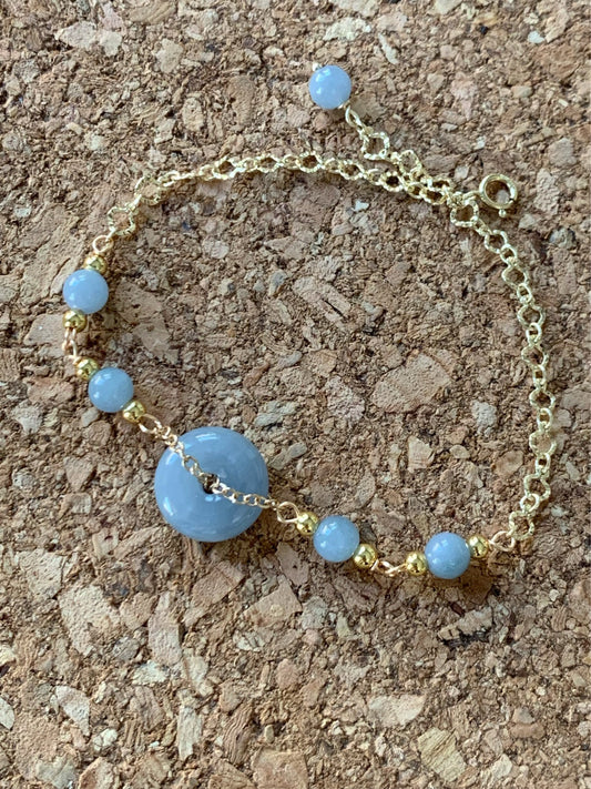 Natural Guatemalan Icy Translucent Purplish Blue Jadeite Ping An Kou Bracelet 14K Gold Plated adjustable 天然冰危蓝紫翡翠平安扣14K包金手链