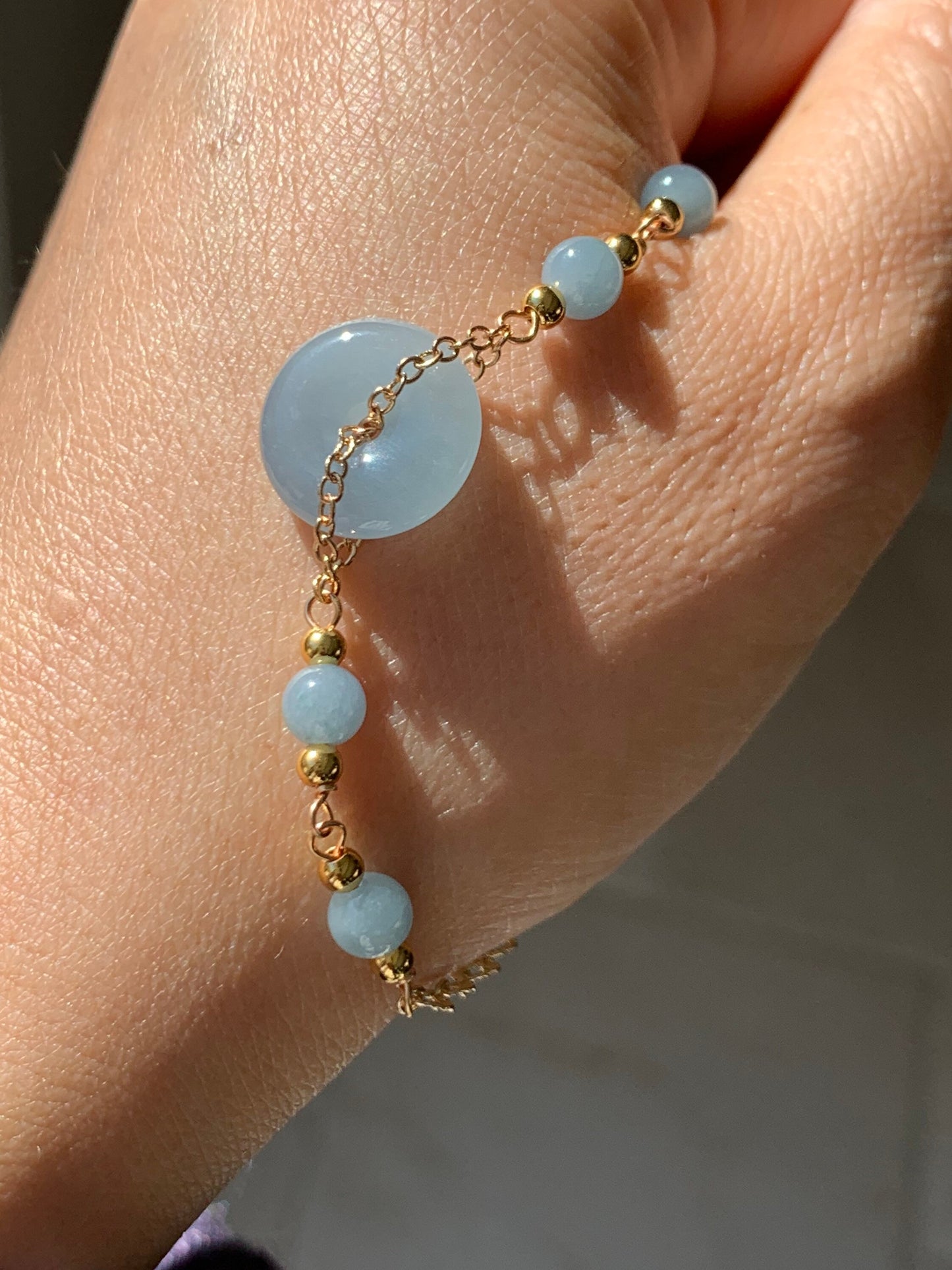 Natural Guatemalan Icy Translucent Purplish Blue Jadeite Ping An Kou Bracelet 14K Gold Plated adjustable 天然冰危蓝紫翡翠平安扣14K包金手链