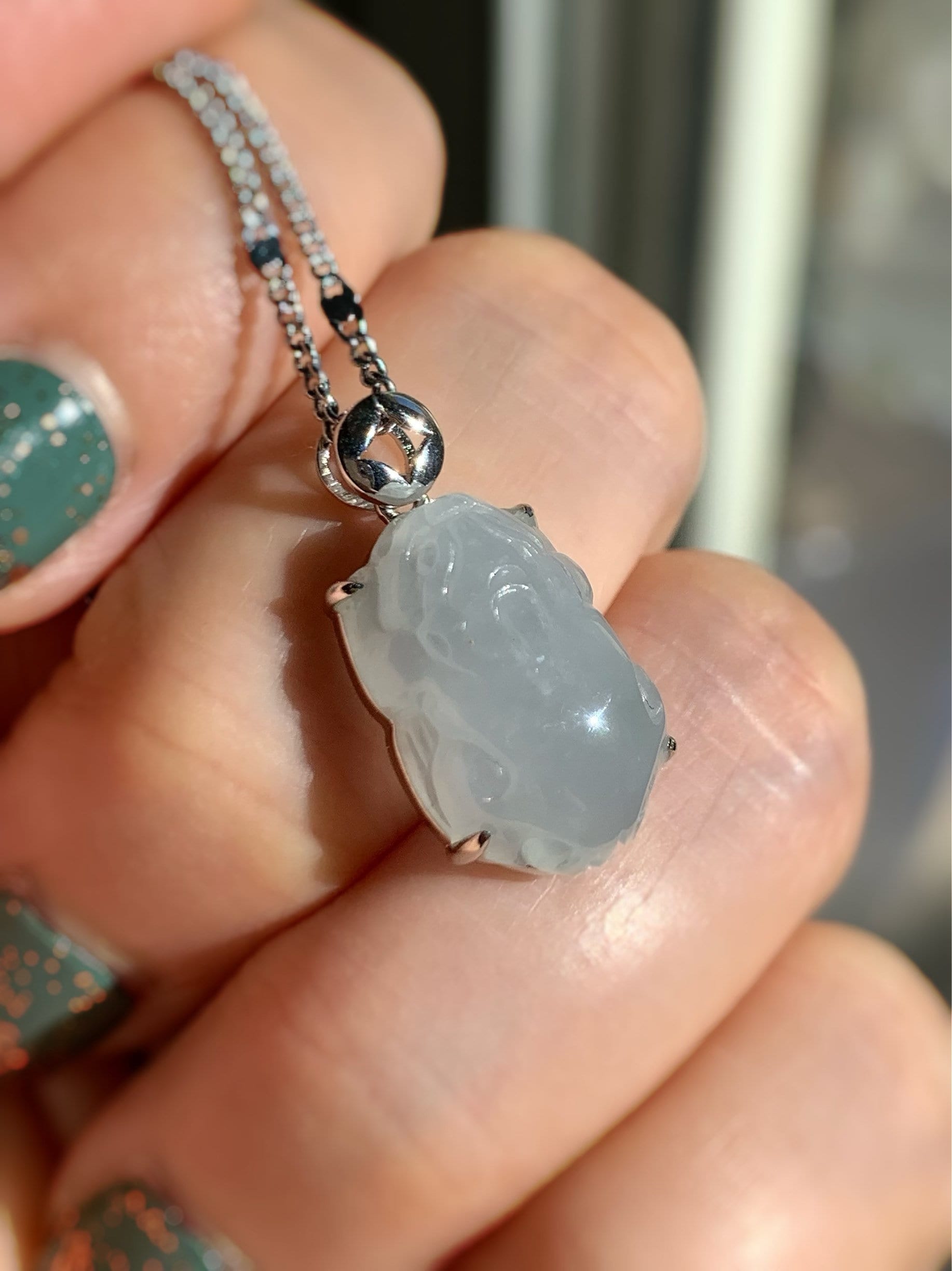 Certified Natural Burmese Icy Translucent & Gelatinous Sky Blue Jadeite Carved Pixiu Custom Pendant 18K White Gold 天然缅甸冰天空蓝翡翠貔貅镶嵌吊坠