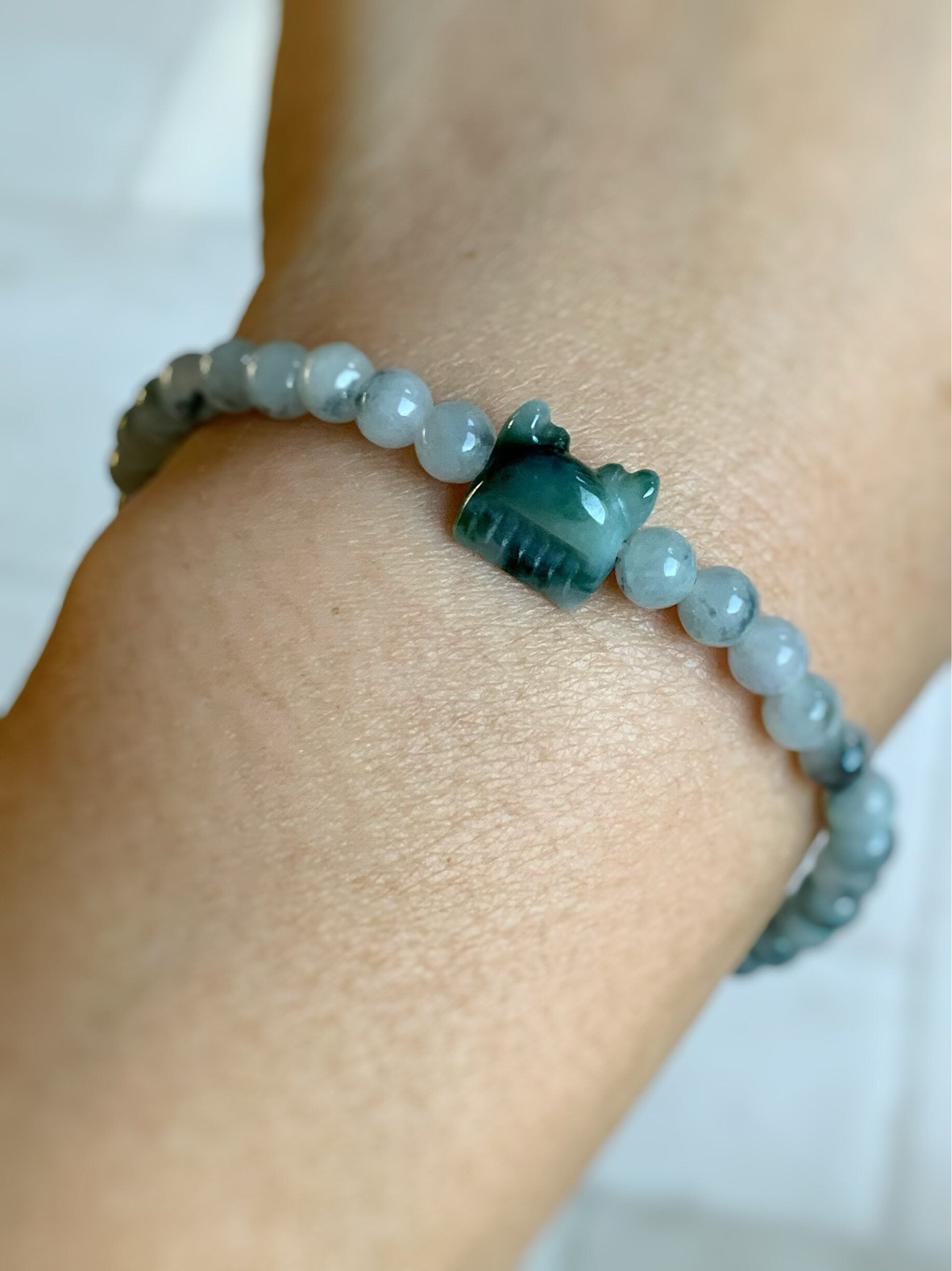 Natural Burmese Icy Translucent & Gelatinous Green Marbling Jadeite Carved Deer Antler Comb Bead Beaded Bracelet 7” 天然缅甸冰飘花翡翠鹿角梳子手串