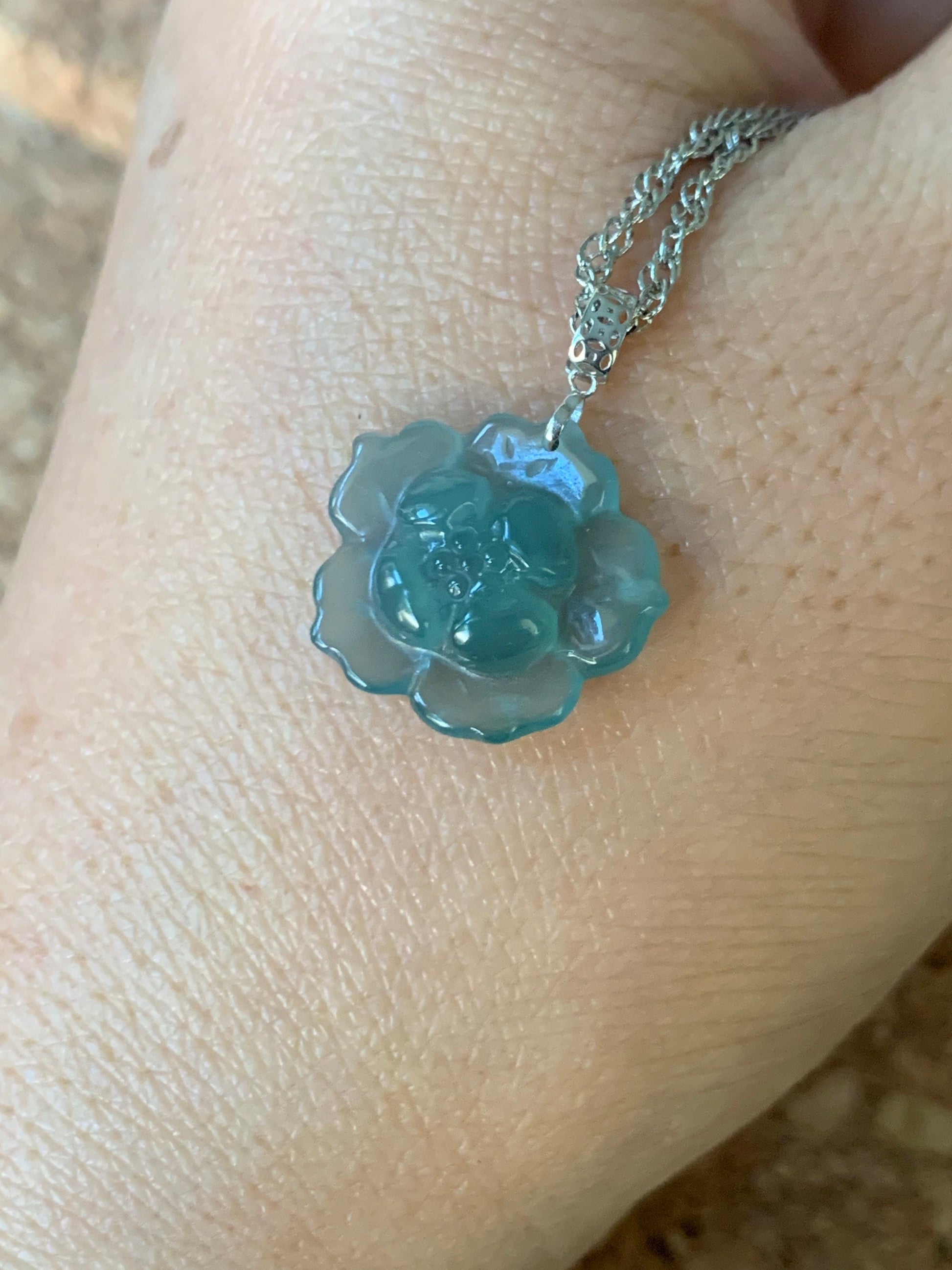 Natural Guatemalan Premium Highly Translucent Icy Blue Jadeite Carved Lotus Flower Pendant 18K White Gold 天然冰危蓝翡翠莲花镶嵌吊坠