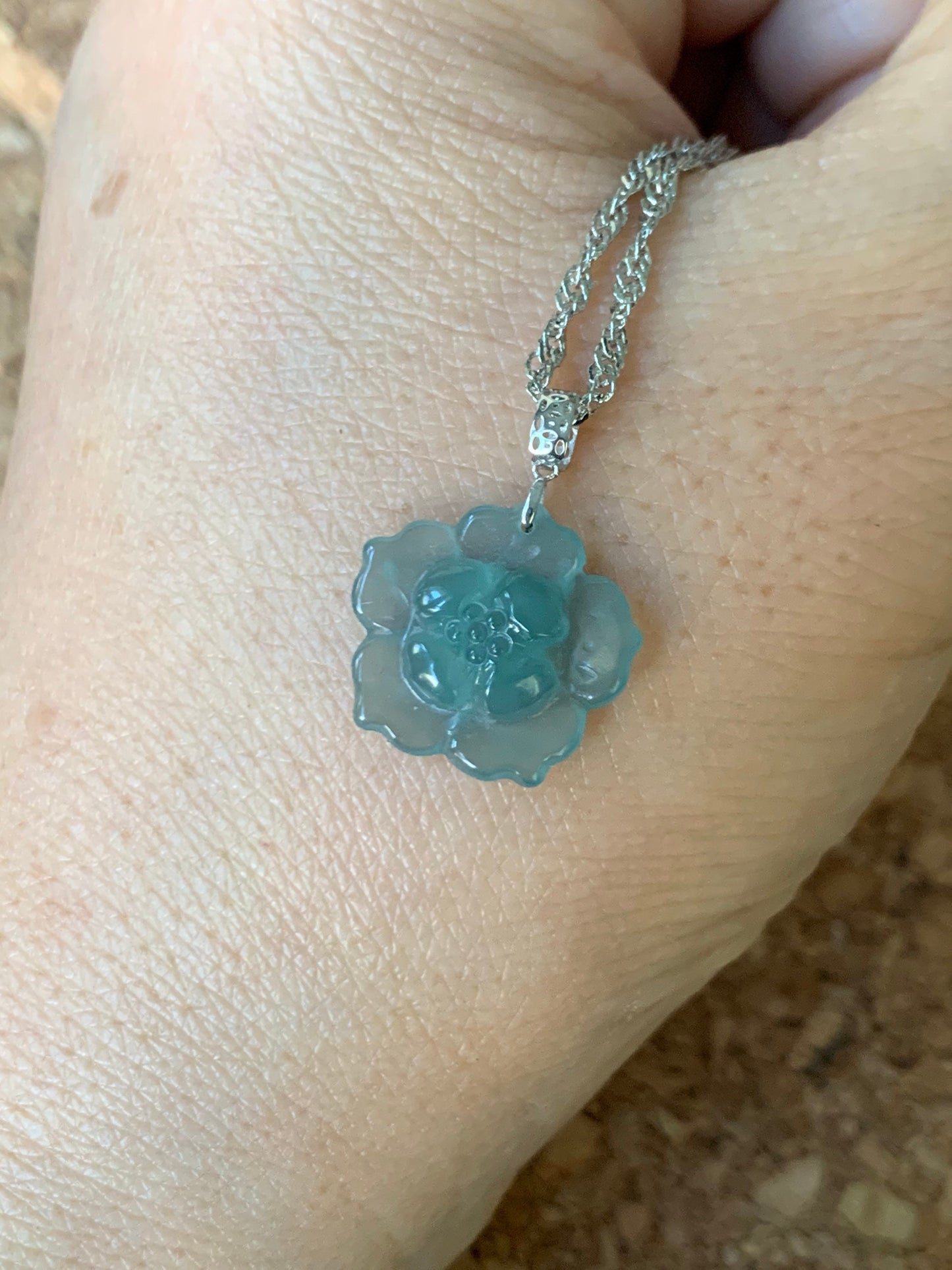 Natural Guatemalan Premium Highly Translucent Icy Blue Jadeite Carved Lotus Flower Pendant 18K White Gold 天然冰危蓝翡翠莲花镶嵌吊坠