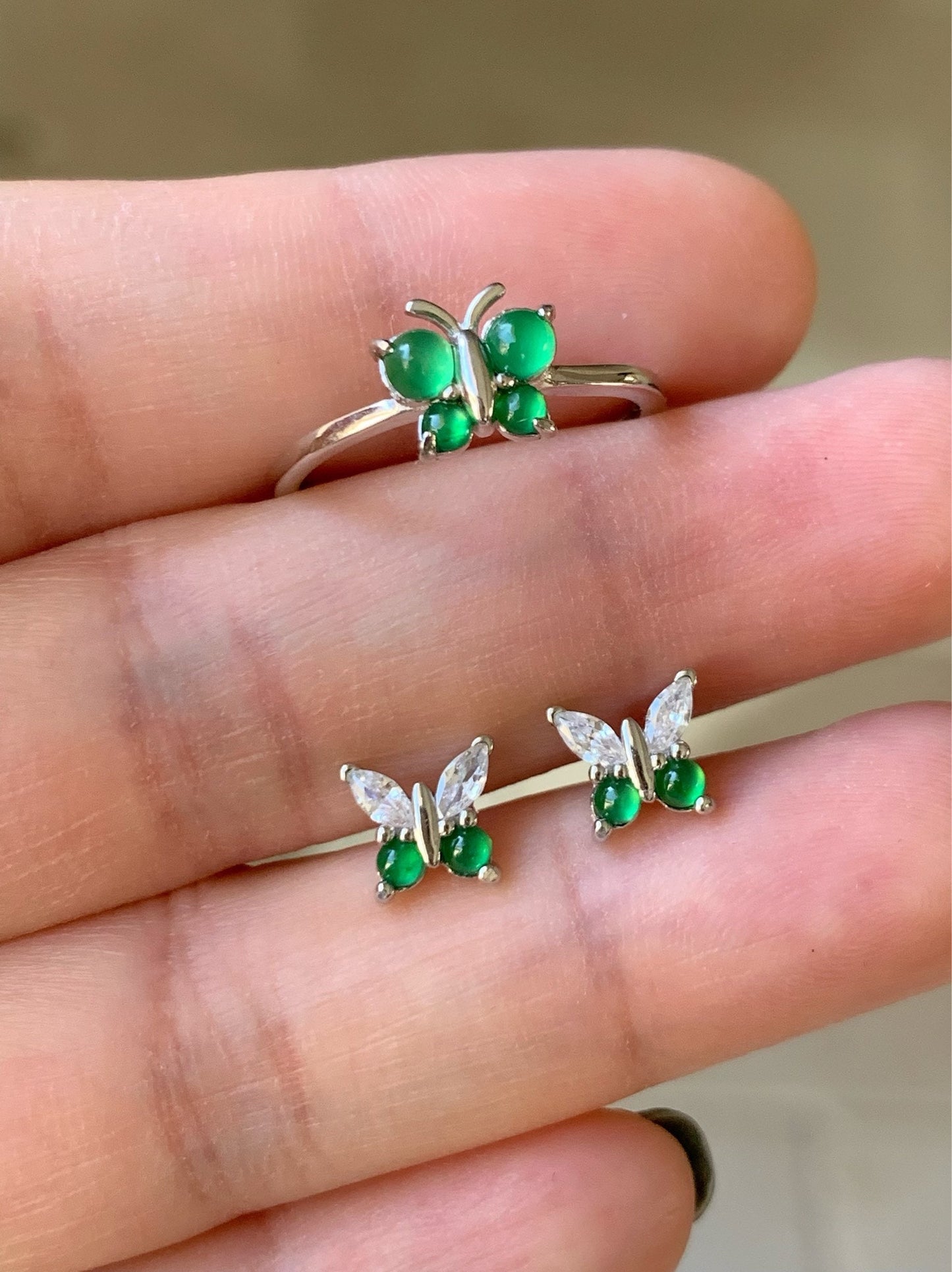 Natural Guatemalan Icy Highly Translucent Vibrant Green Jadeite Butterfly Design Ring or Stud Earrings S925 Silver 天然老种高危阳绿翡翠蝴蝶银镶 WHD100