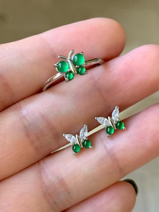 Natural Guatemalan Icy Highly Translucent Vibrant Green Jadeite Butterfly Design Ring or Stud Earrings S925 Silver 天然老种高危阳绿翡翠蝴蝶银镶 WHD100